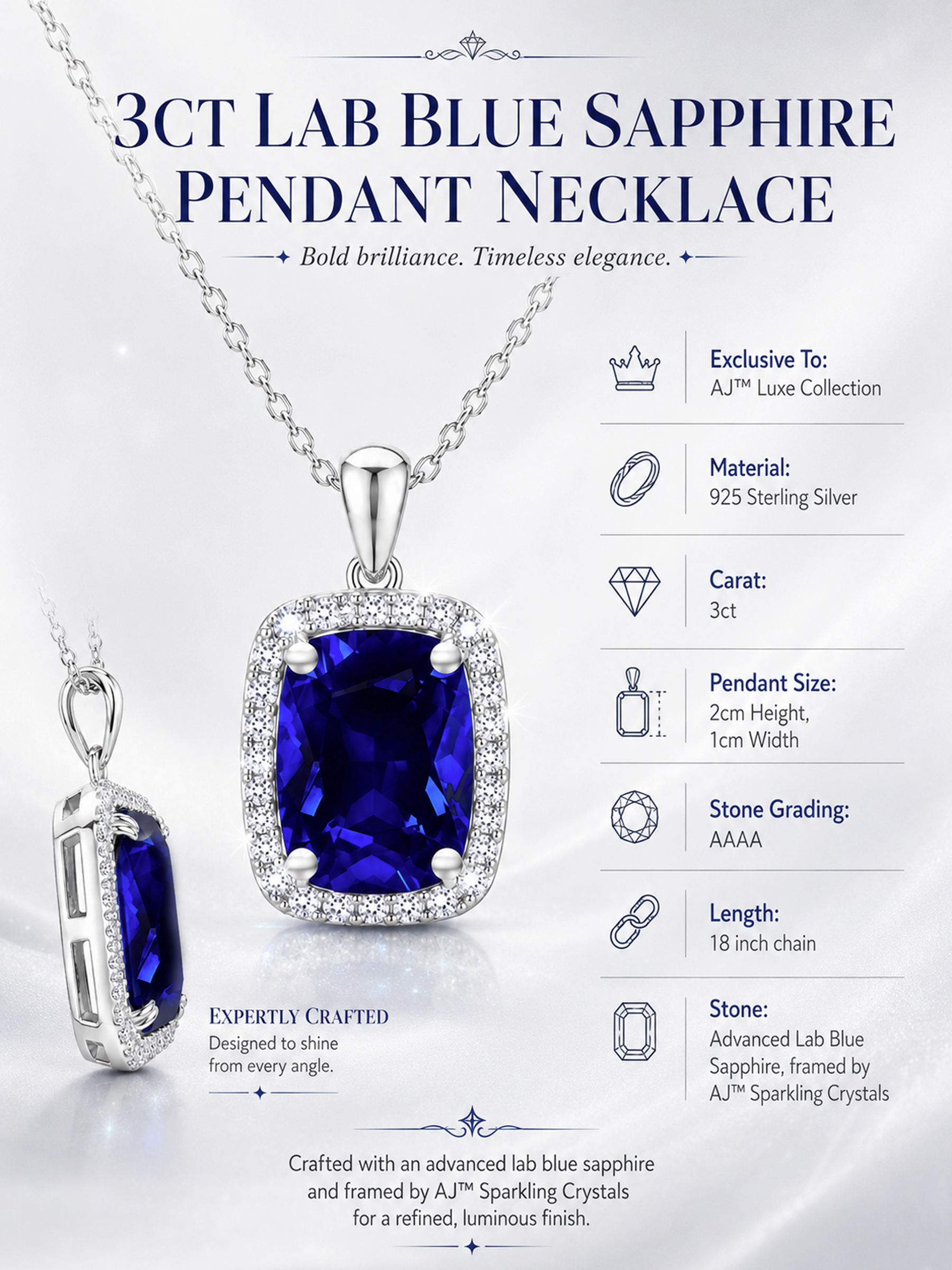3Ct Lab Blue Sapphire Pendant Necklace