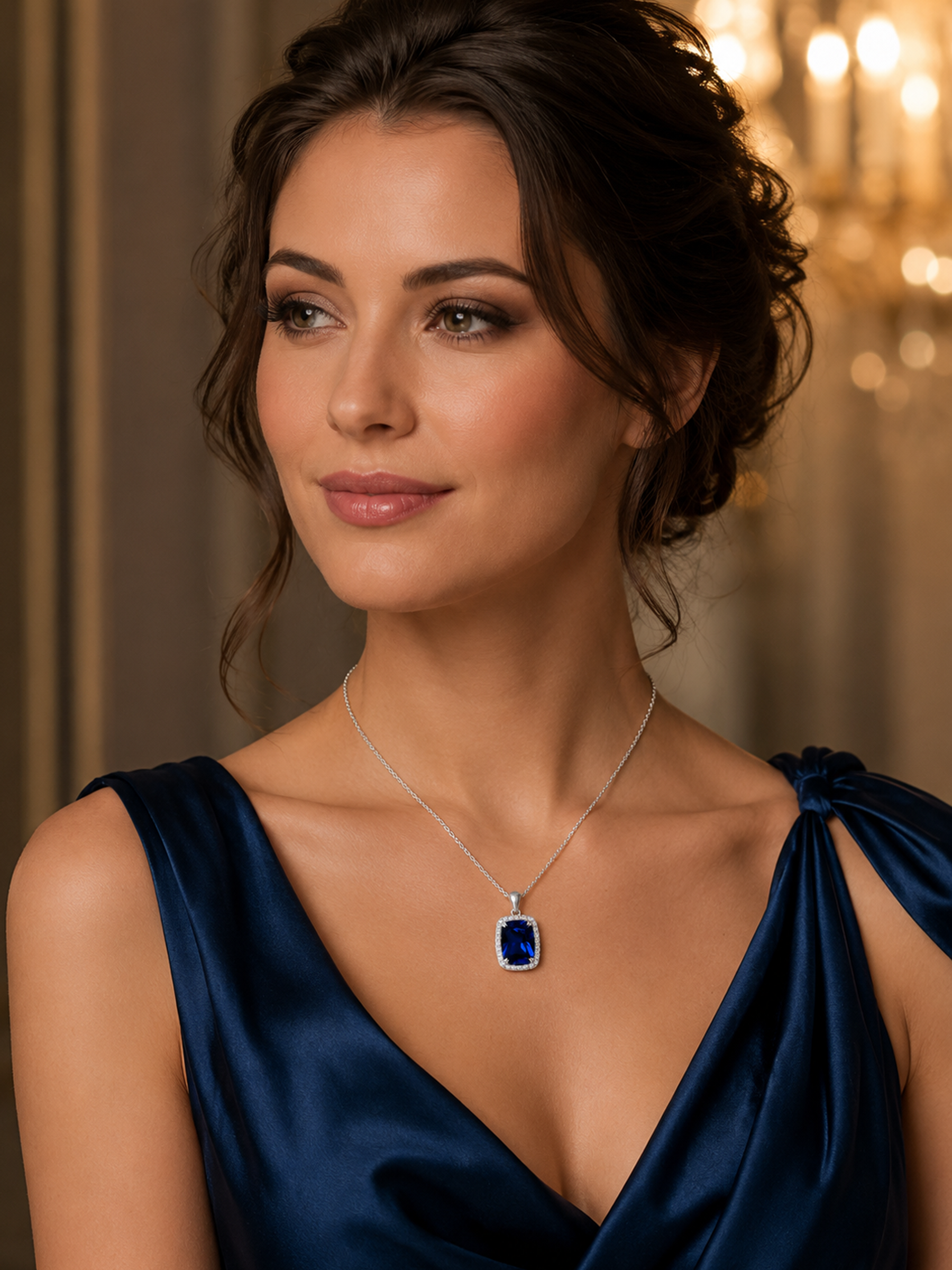 Woman wearing a blue dress and 3Ct Lab Blue Sapphire Pendant Necklace
