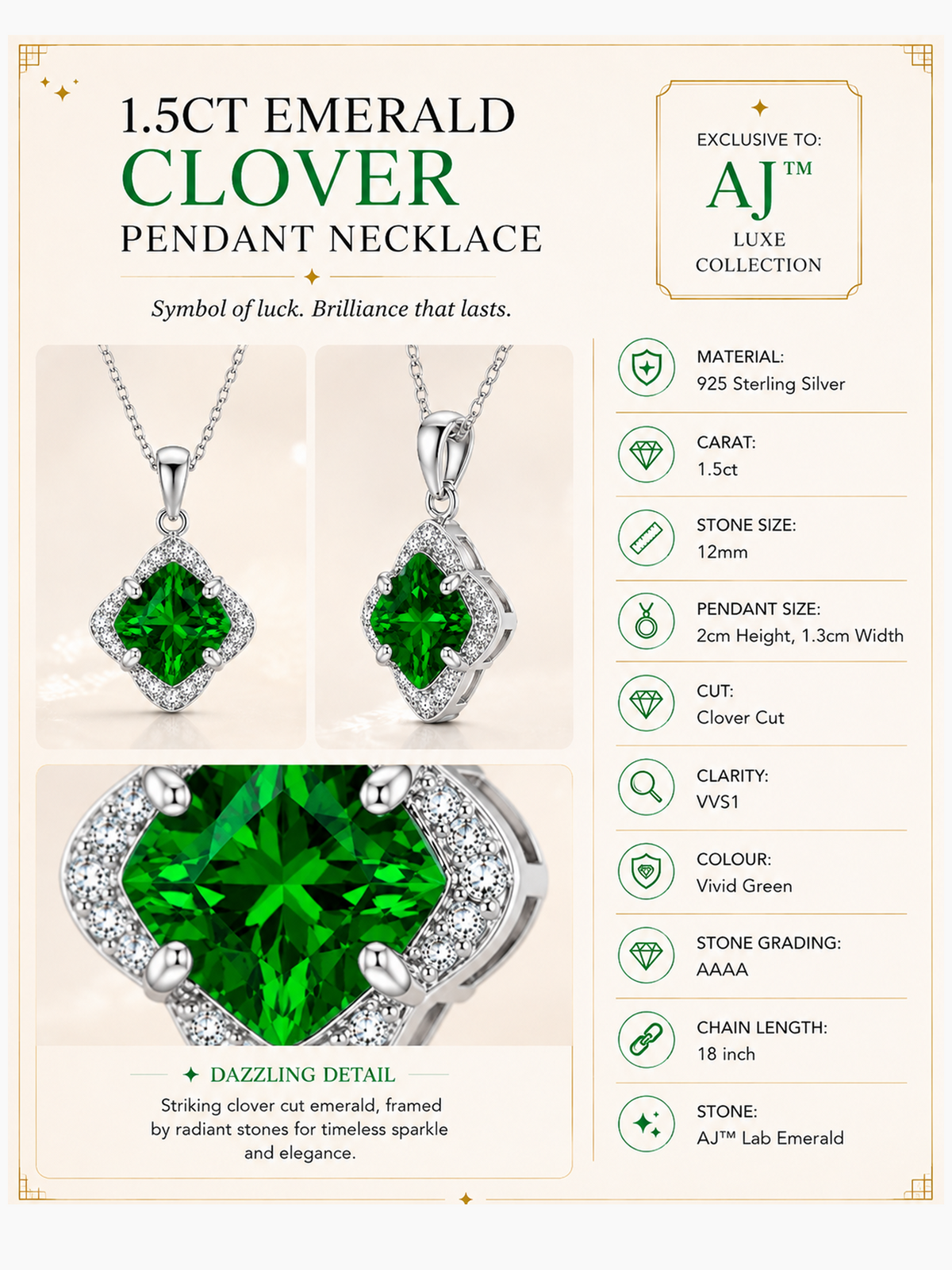 1.5Ct Lab Emerald Clover Pendant Necklace