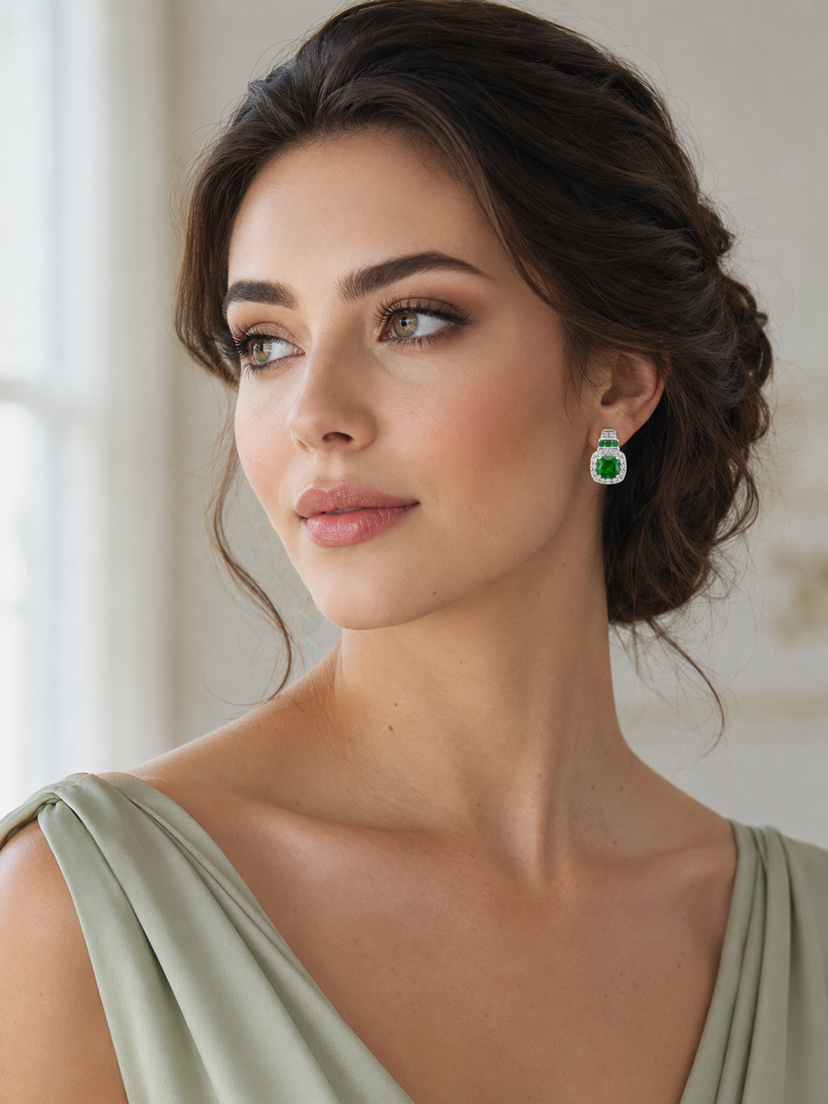 Emerald Green Cushion Cut Halo Stud Earrings