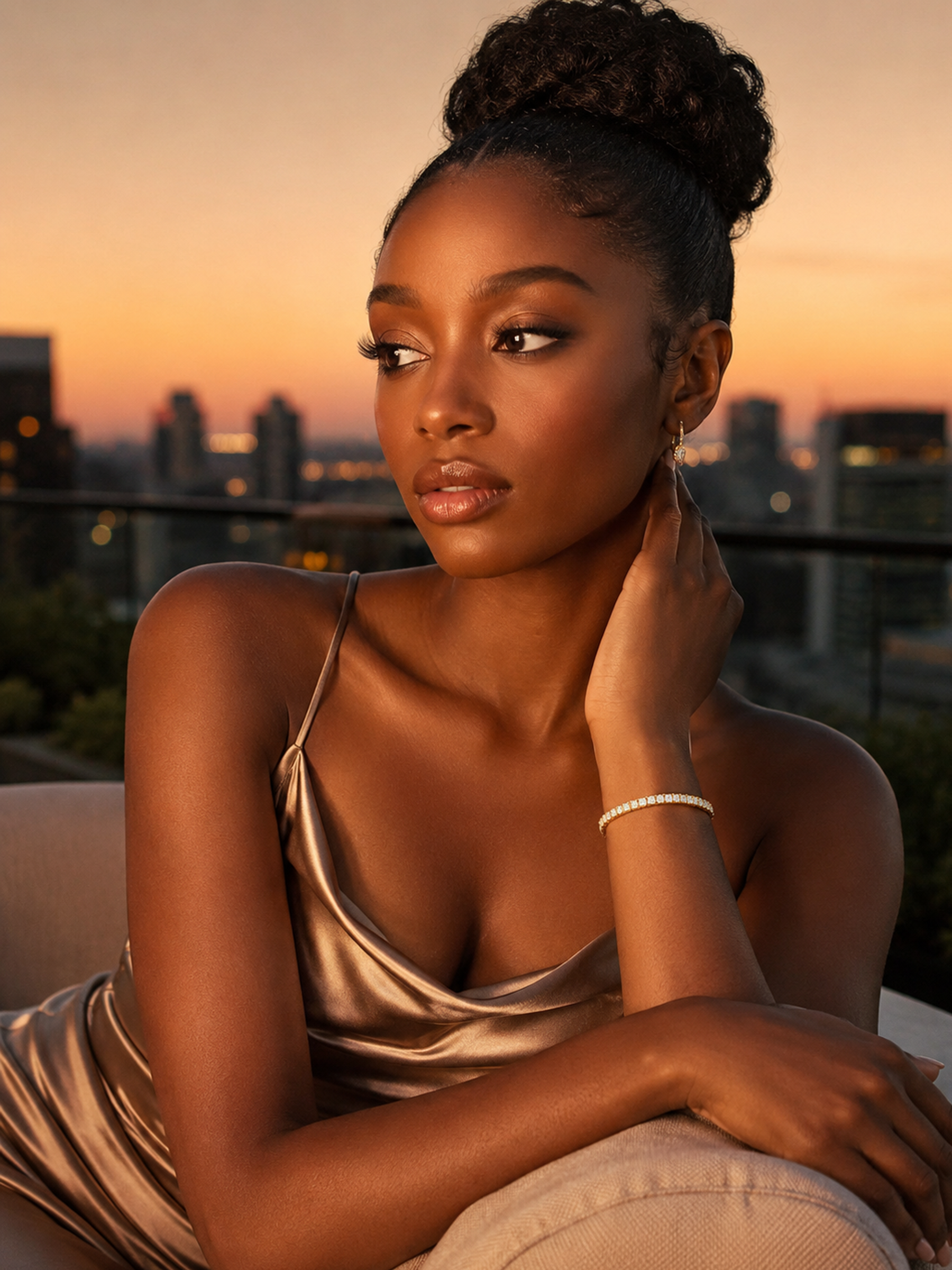 A woman with her hair in a high bun sits outdoors at sunset wearing a champagne satin slip dress and a Tennis Bracelet 18K Gold Tone Finish