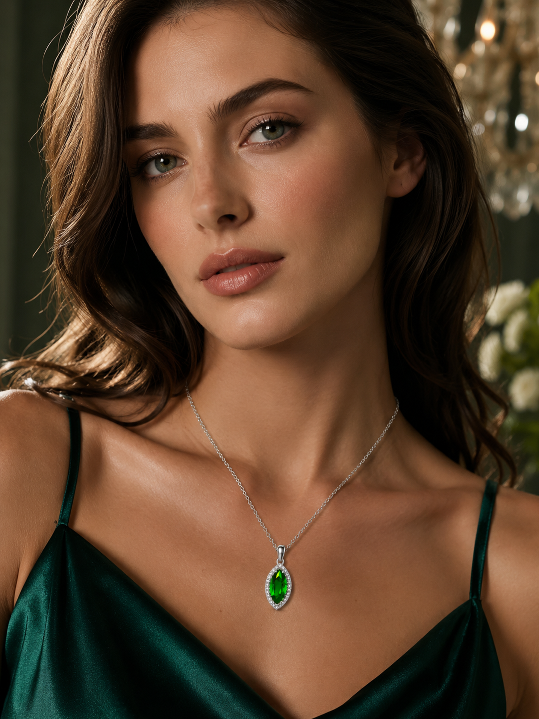 Woman wearing a green dress with a 1.2Ct Lab Emerald Marquise Cut Pendant Necklace