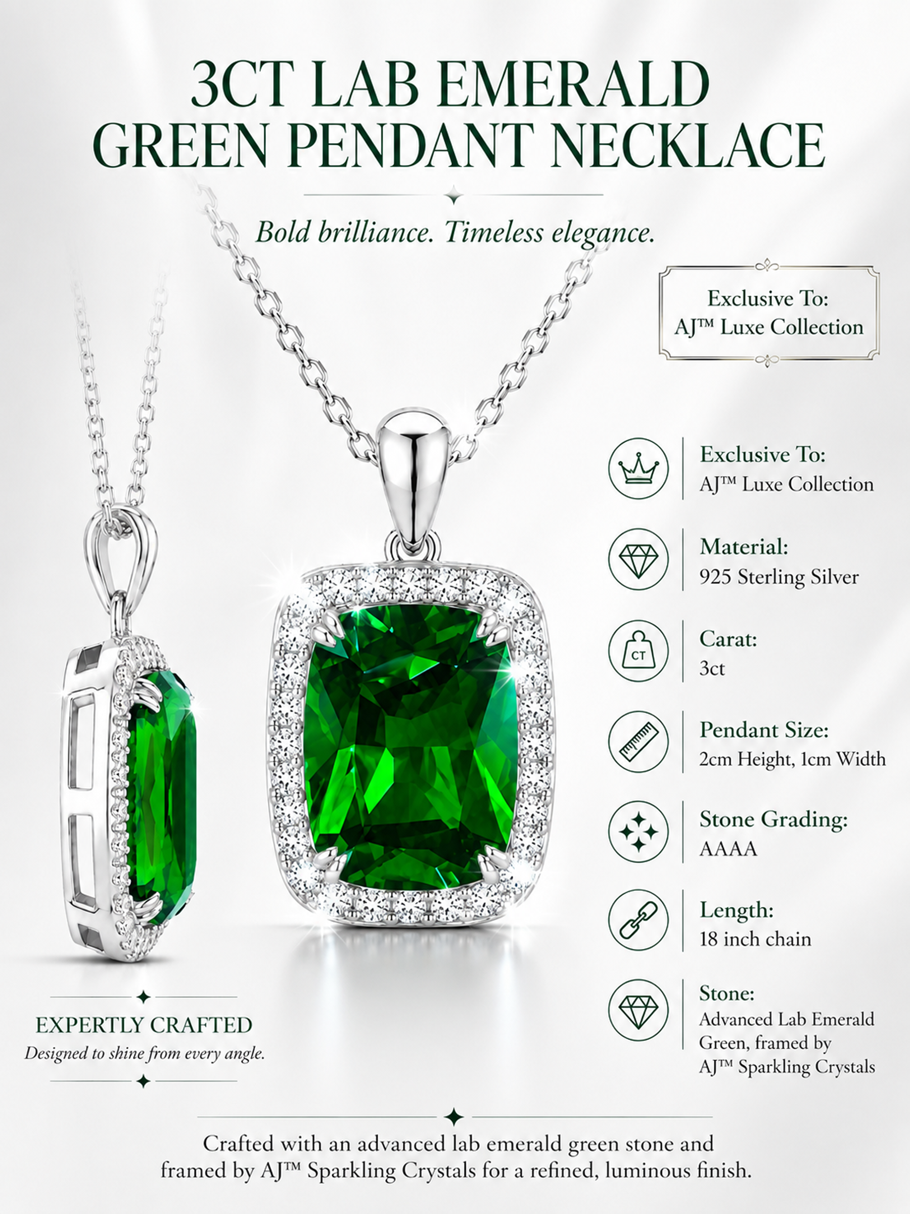 Green Emerald Pendant Necklace 925 Sterling Silver
