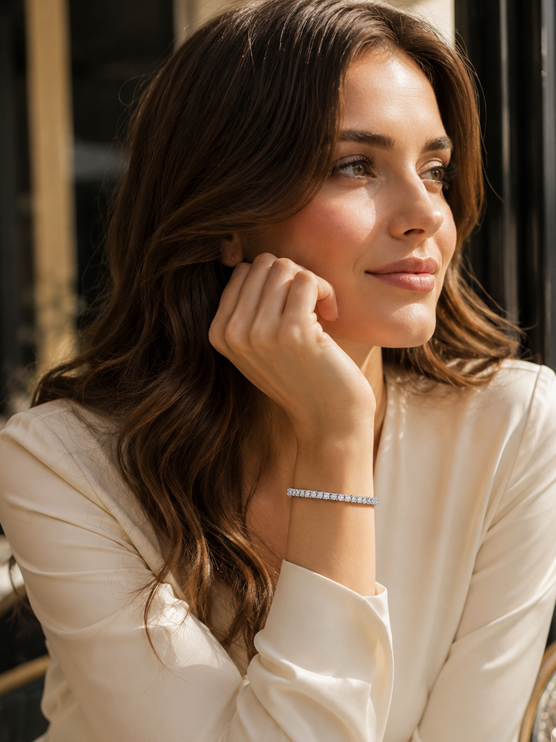 A woman with long brown hair wearing a 5Ct Moissanite Tennis Bracelet Sterling Silver
