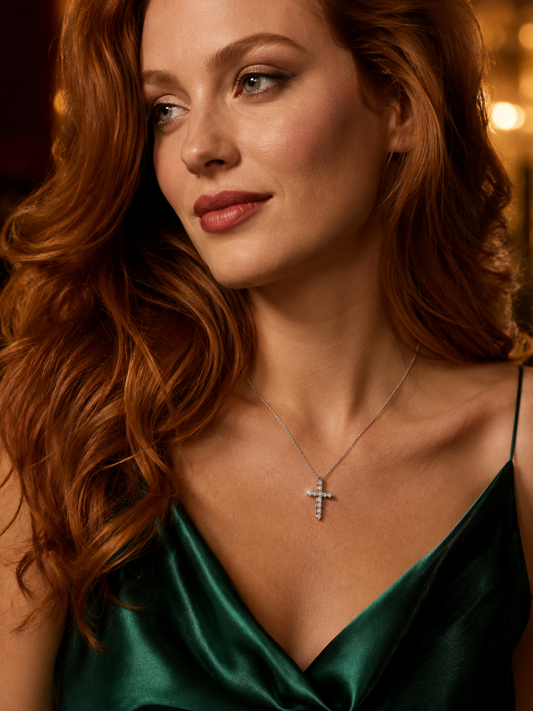 Woman wearing a Sparkling Lab Diamond Moissanite Cross Necklace