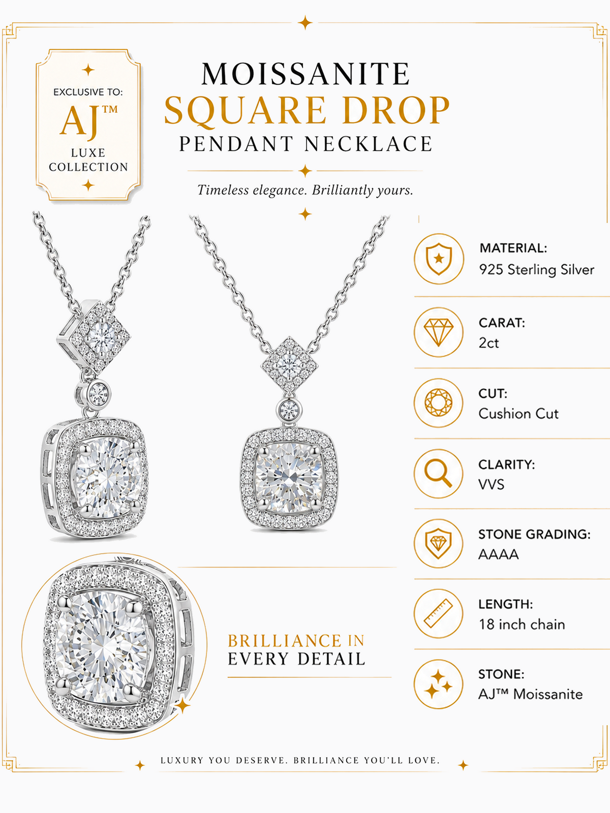 Moissanite Square Drop Pendant Necklace Sterling Silver info