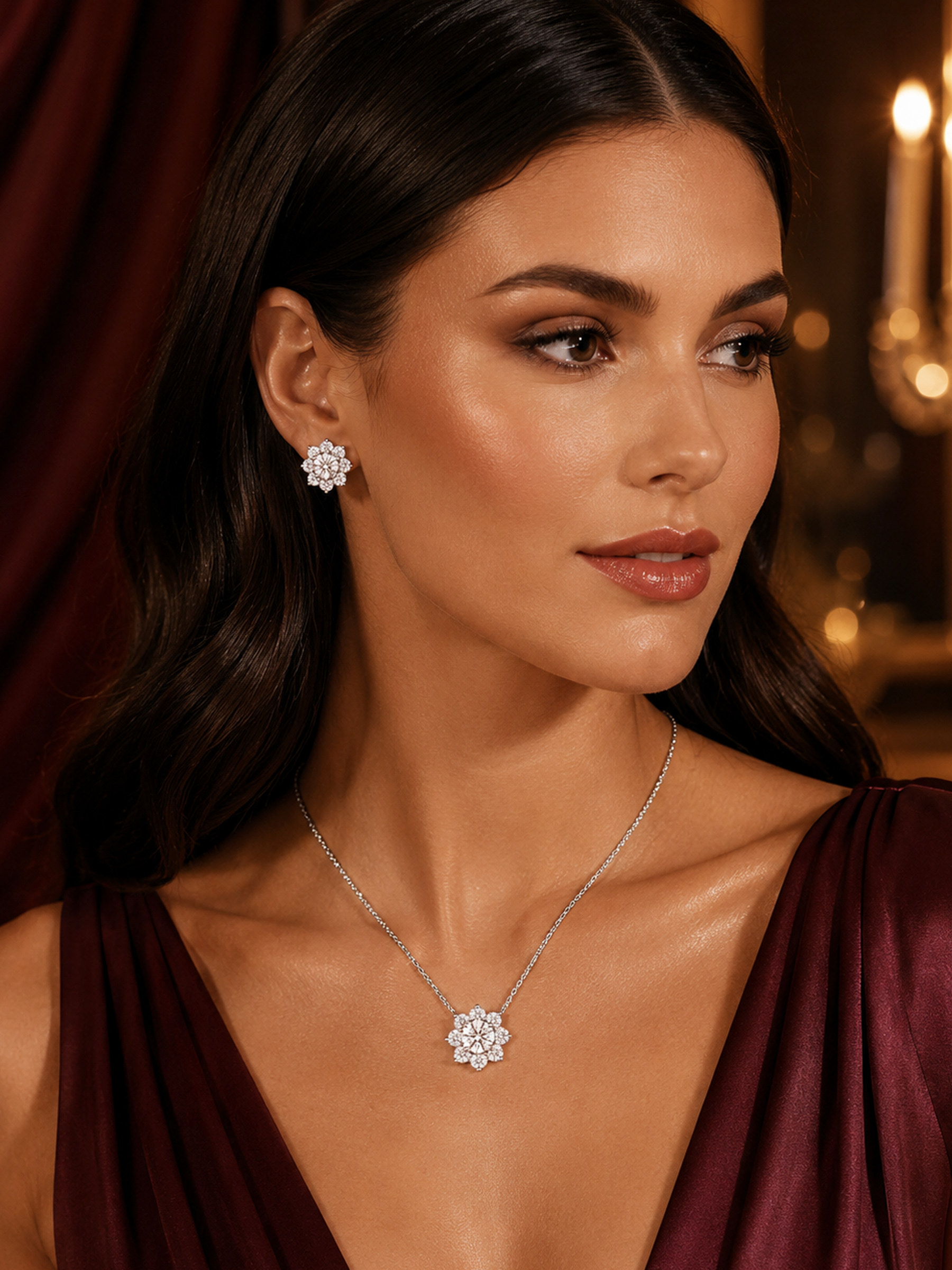 Woman wearing Flower Moissanite Diamond Necklace
