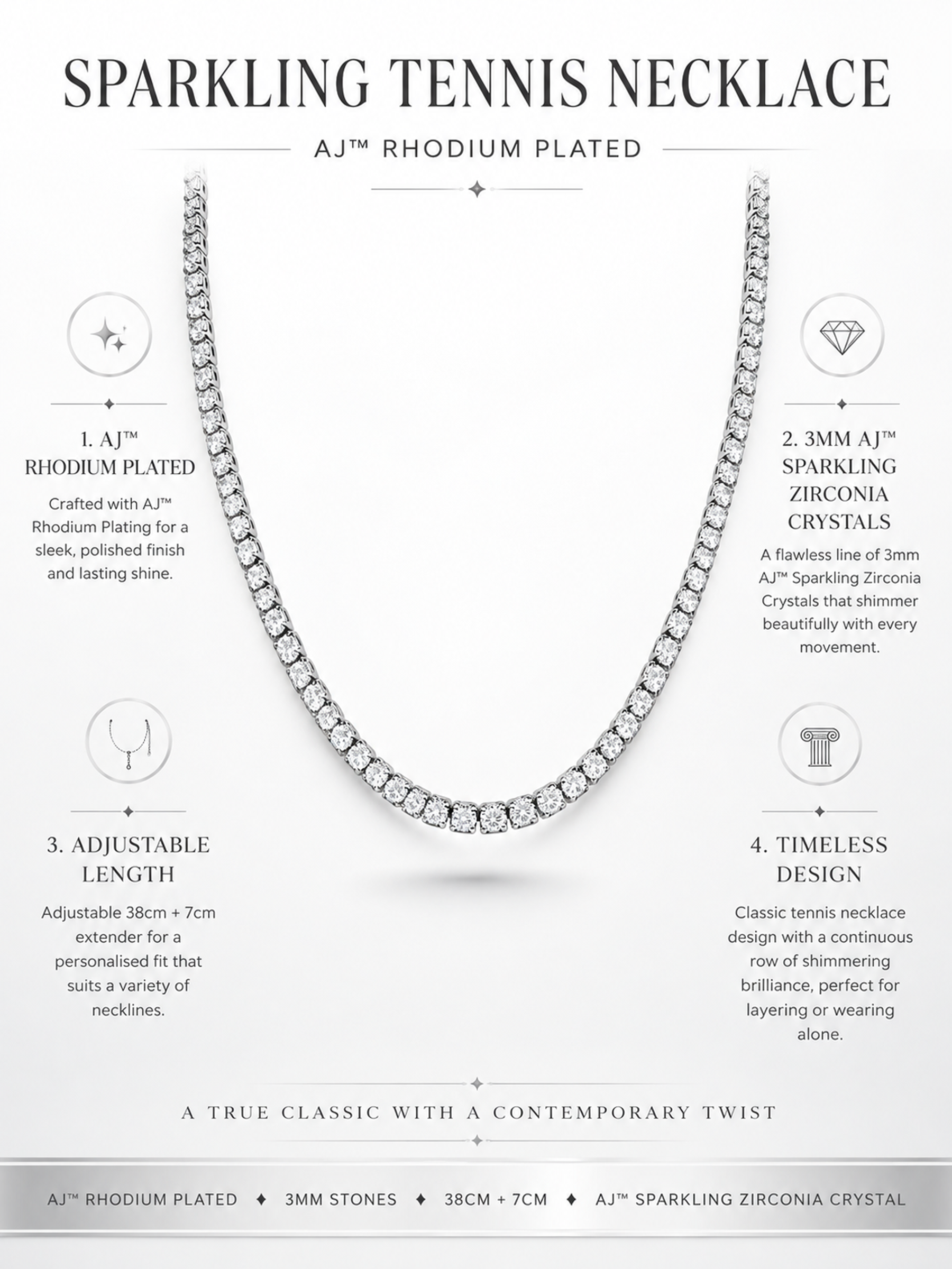 Sparkling Tennis Necklace AJ™ Rhodium Plated
