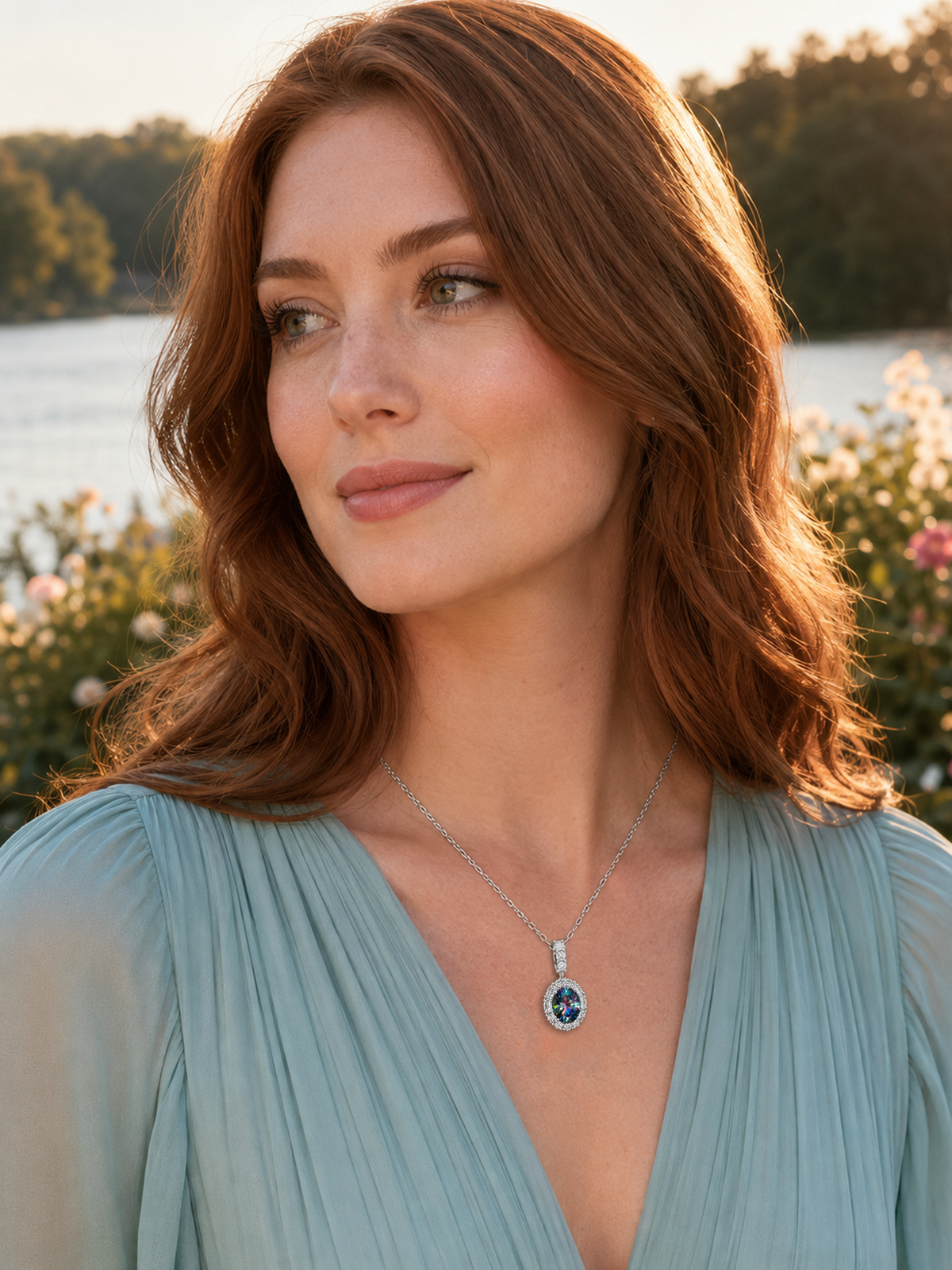 2Ct Rainbow Blue Sapphire Moissanite Oval Halo Pendant Necklace