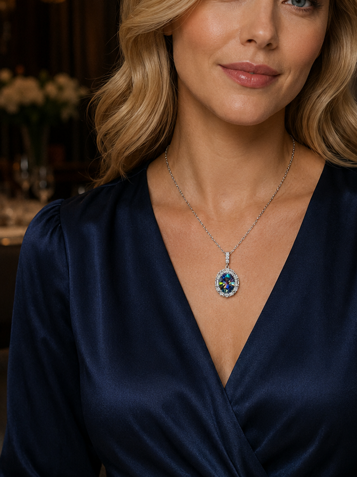 2Ct Rainbow Blue Sapphire Moissanite Oval Halo Pendant Necklace