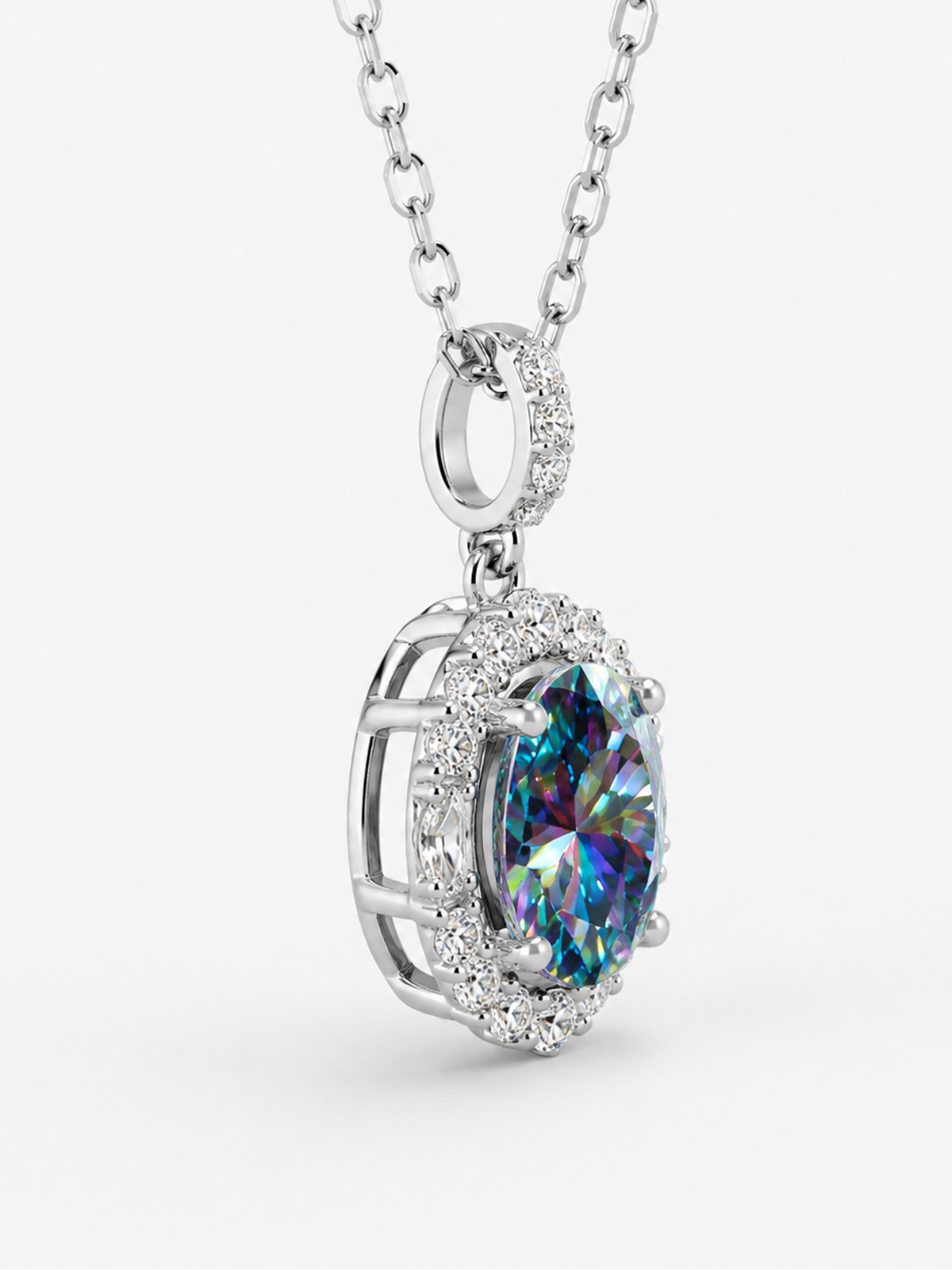 2Ct Rainbow Blue Sapphire Moissanite Oval Halo Pendant Necklace
