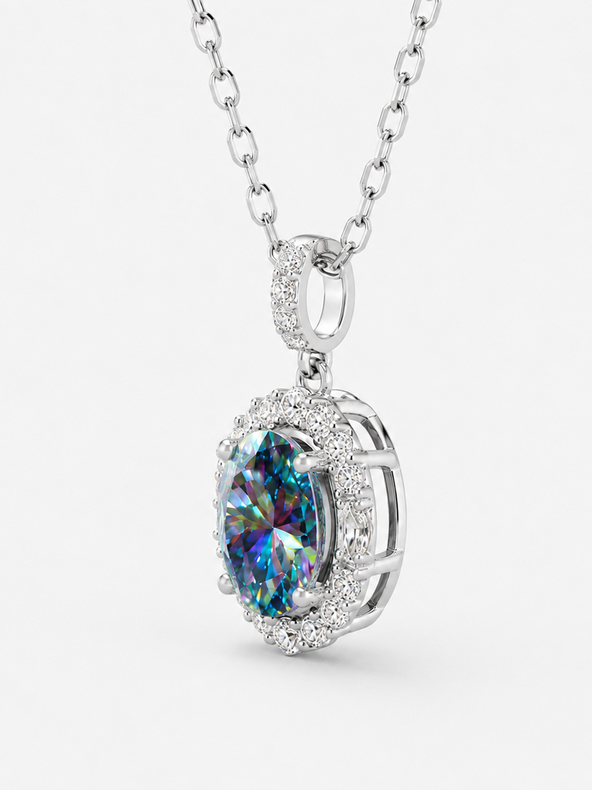 2Ct Rainbow Blue Sapphire Moissanite Oval Halo Pendant Necklace