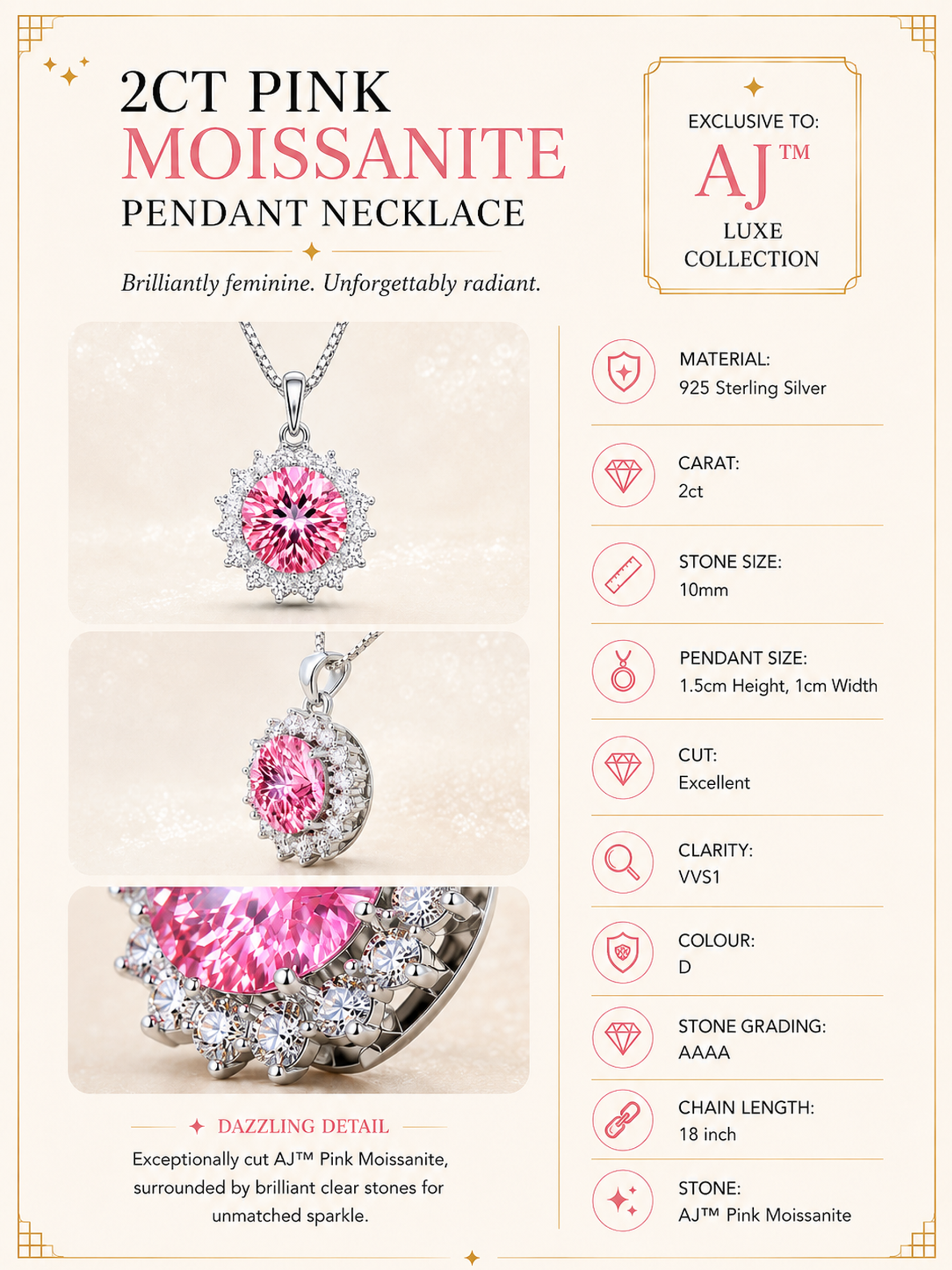 2ct Pink Moissanite Pendant Necklace
