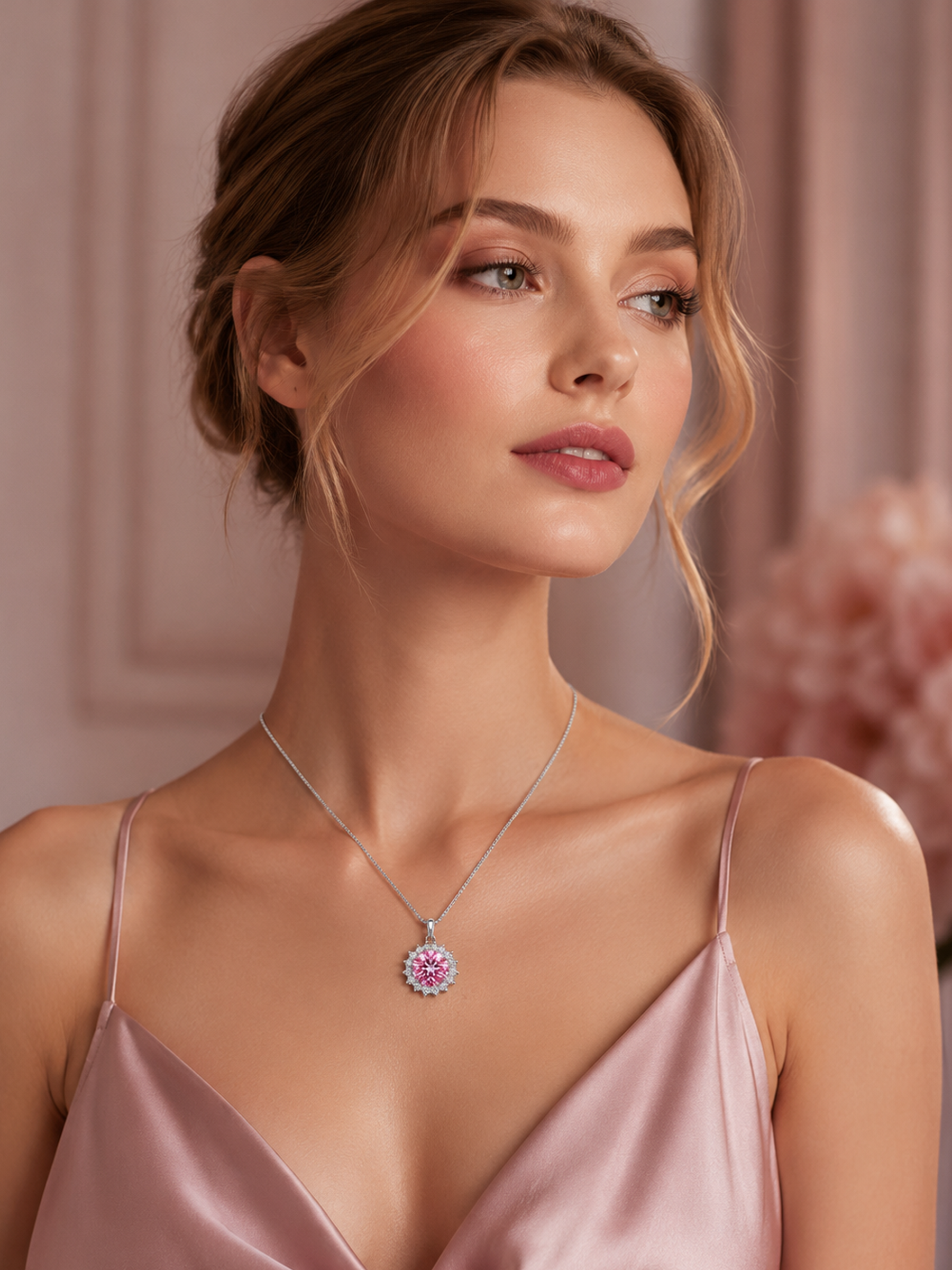 Woman wearing 1.25ct Pink Diamond Moissanite Pendant Necklace