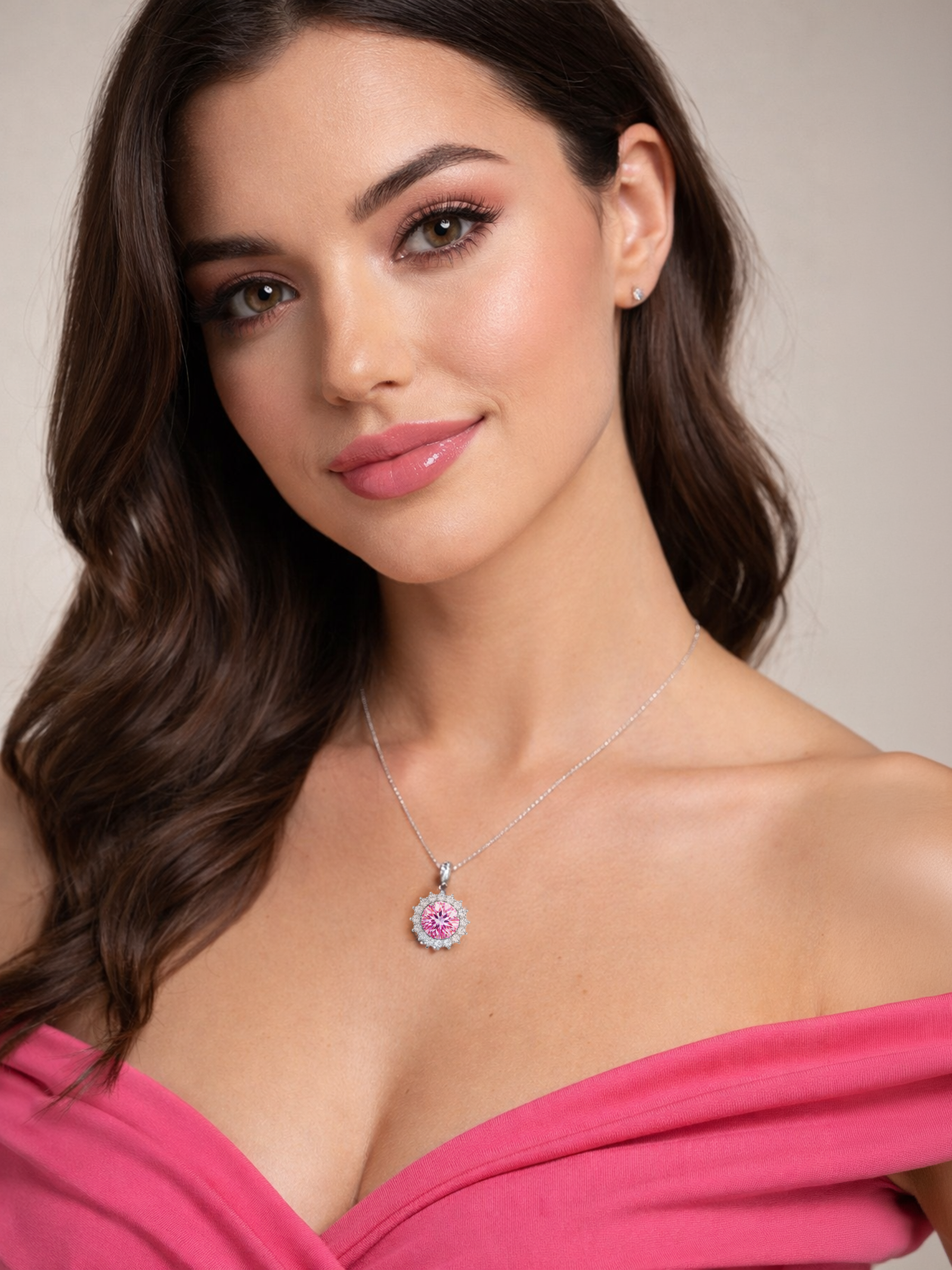 Woman wearing 1.25ct Pink Diamond Moissanite Pendant Necklace