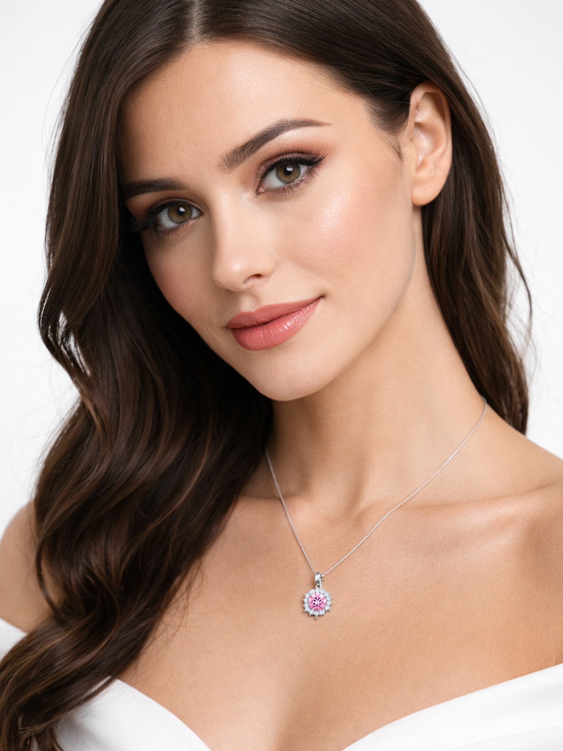Woman wearing 1.25ct Pink Diamond Moissanite Pendant Necklace
