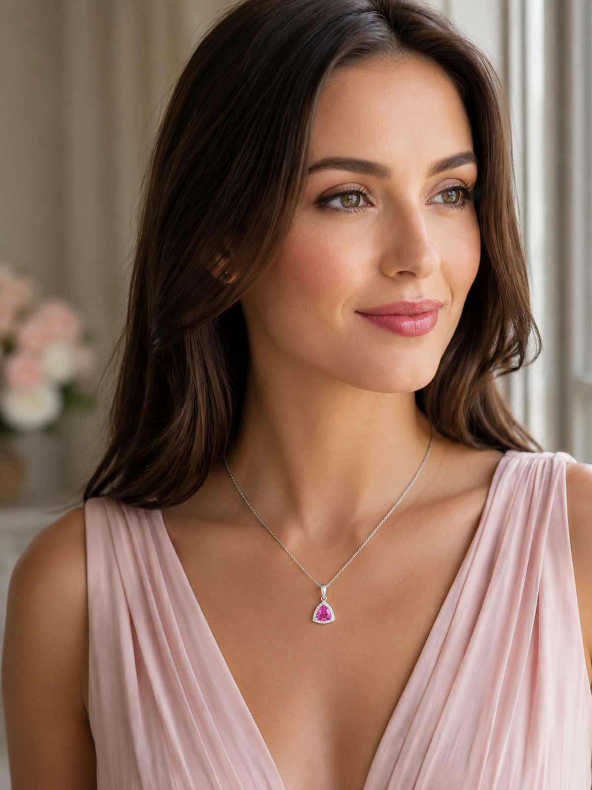 Pink Sapphire Trillion Cut Halo Pendant Necklace