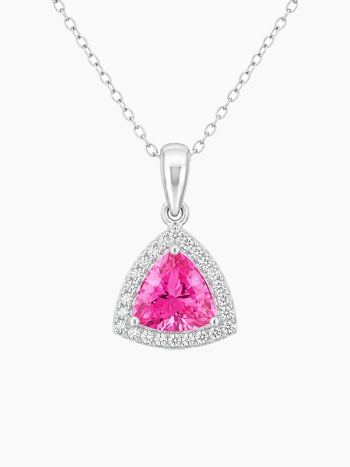 Pink Sapphire Trillion Cut Halo Pendant Necklace