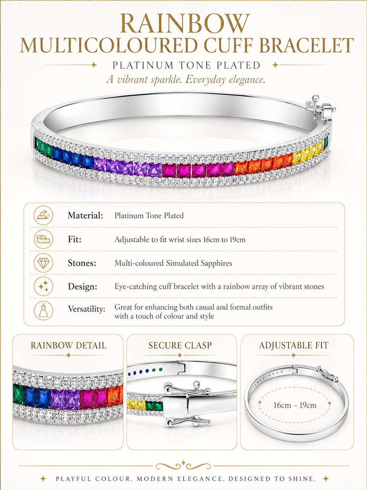 Rainbow Multicoloured Cuff Bracelet Platinum Tone Plated