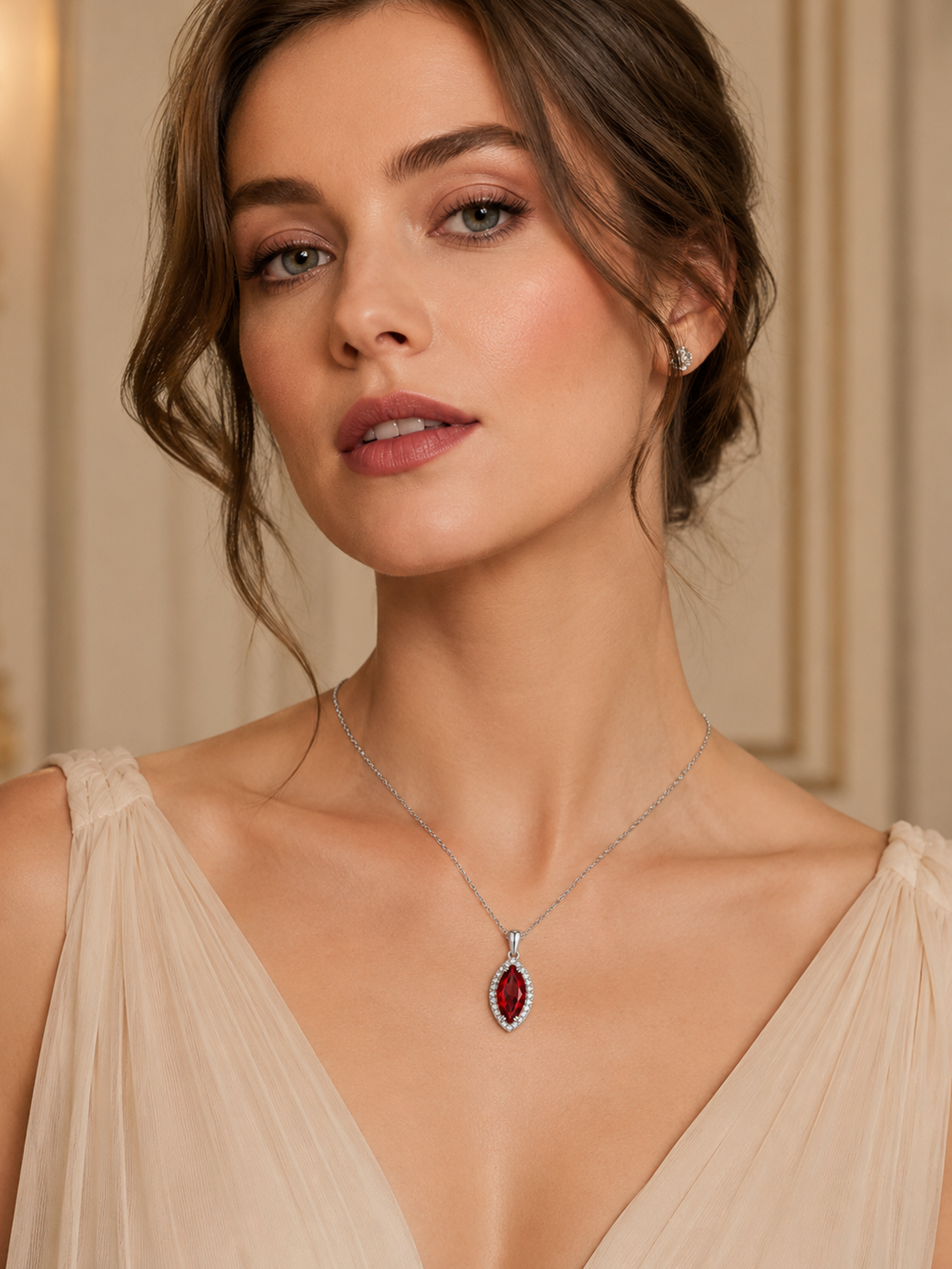 Woman wearing a 1.2Ct Lab Ruby Marquise Cut Pendant Necklace