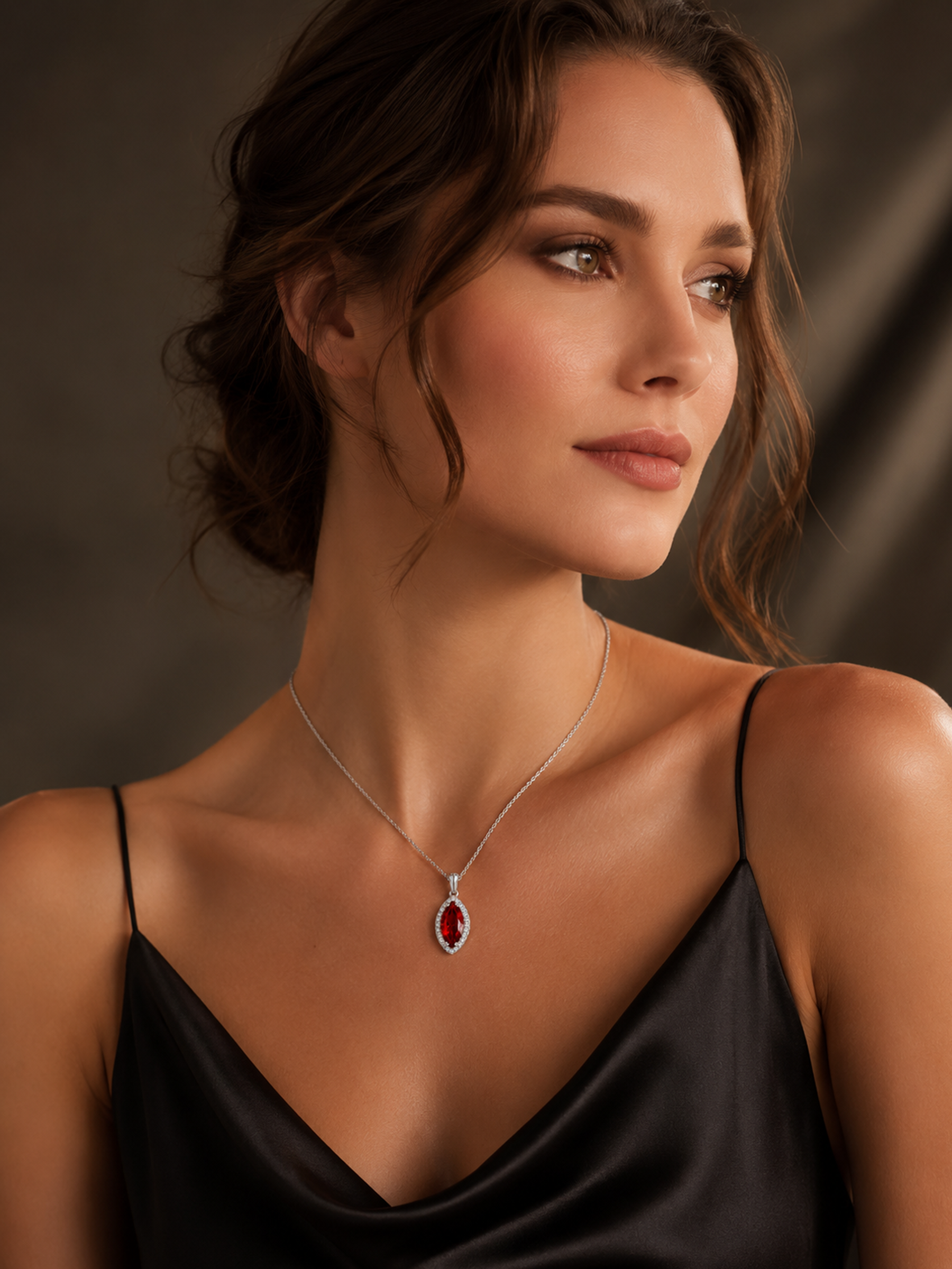 Woman wearing a 1.2Ct Lab Ruby Marquise Cut Pendant Necklace