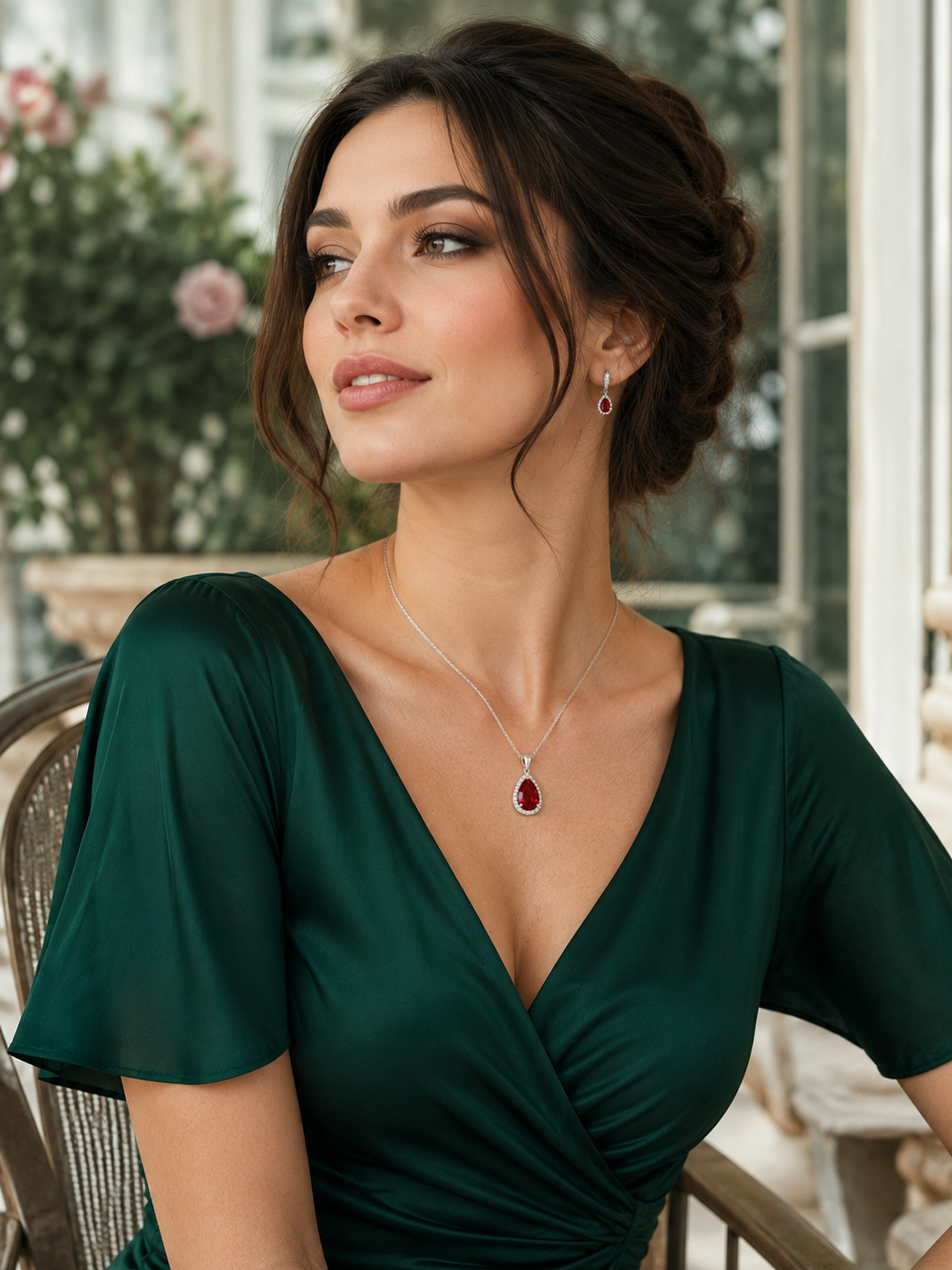 Woman wearing a green dress with a 1Ct Lab Ruby Pear Cut Pendant Necklace