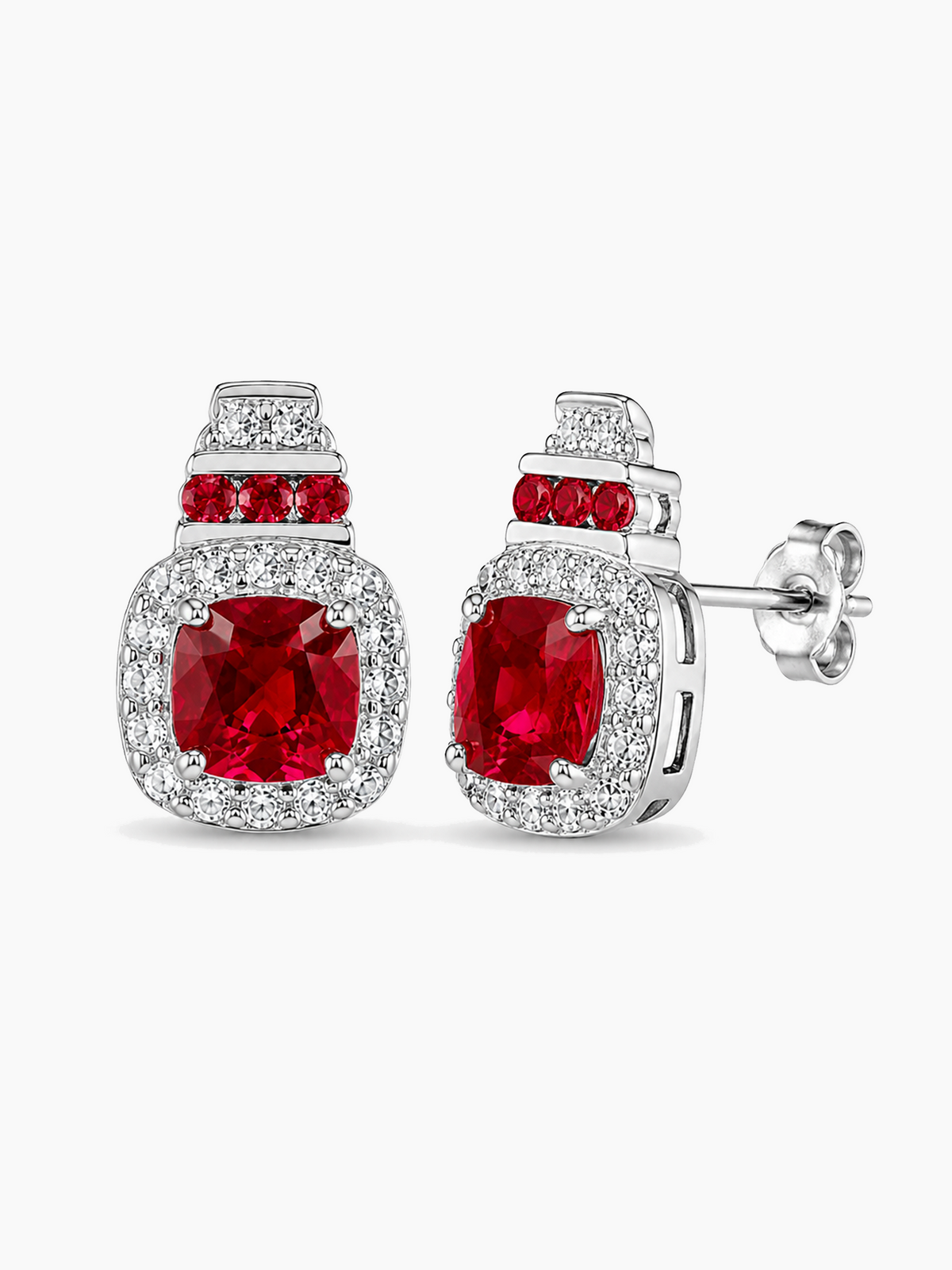 Ruby Red Cushion Cut Halo Stud Earrings