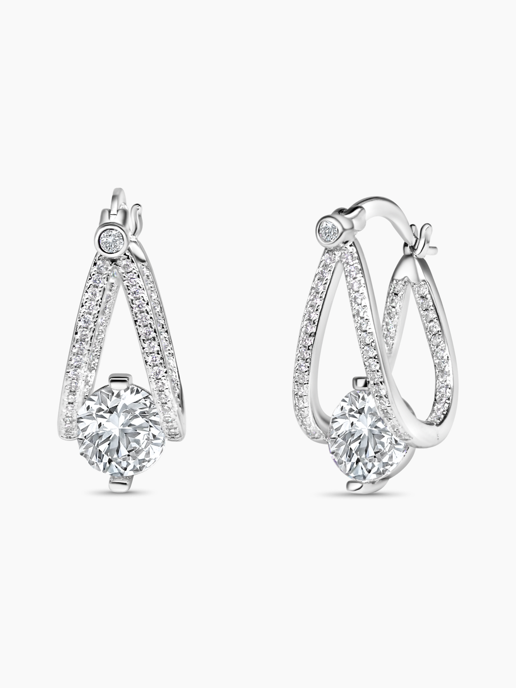 White Sapphire Double Hoop Silver Earrings