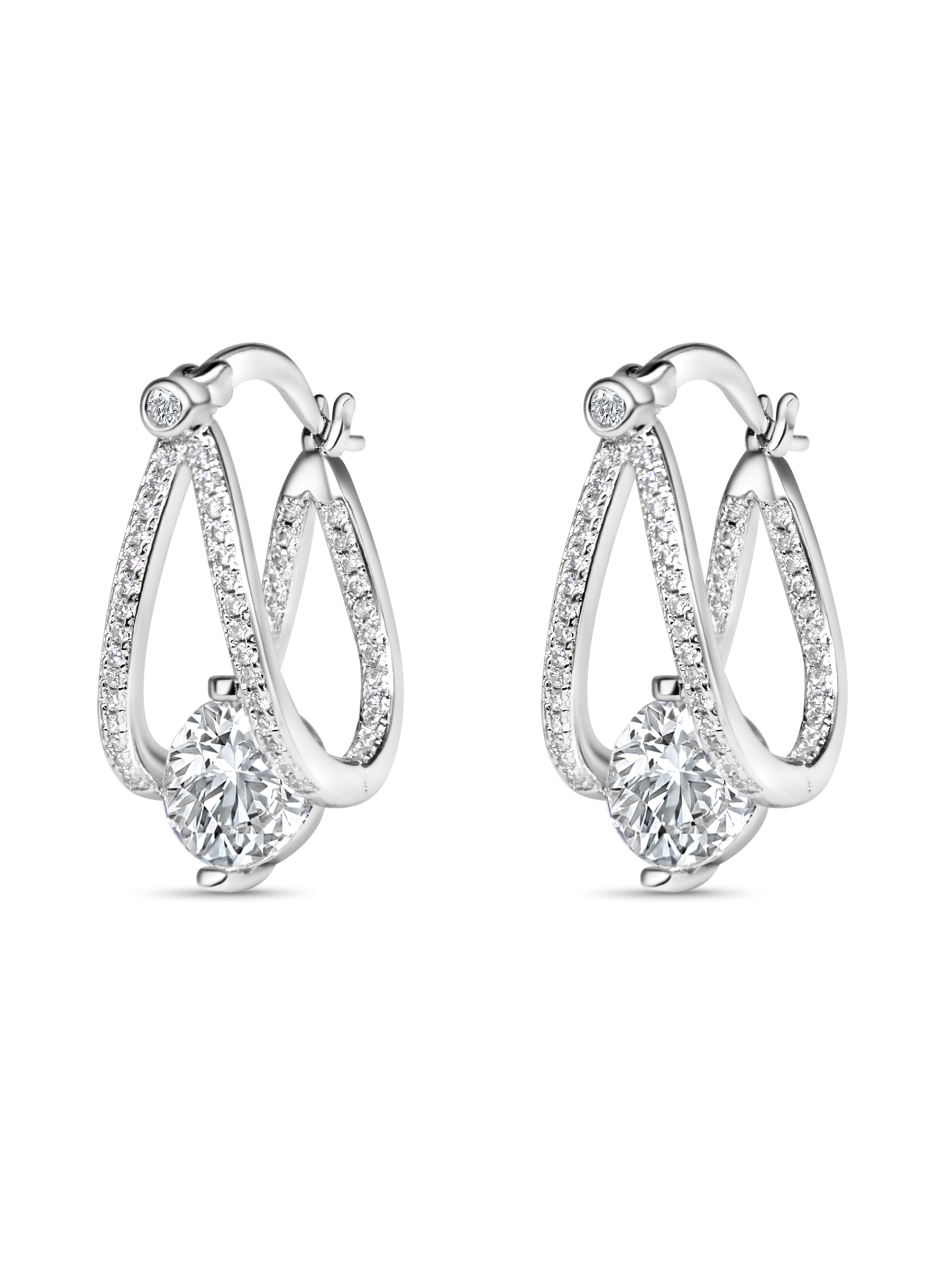 White Sapphire Double Hoop Silver Earrings