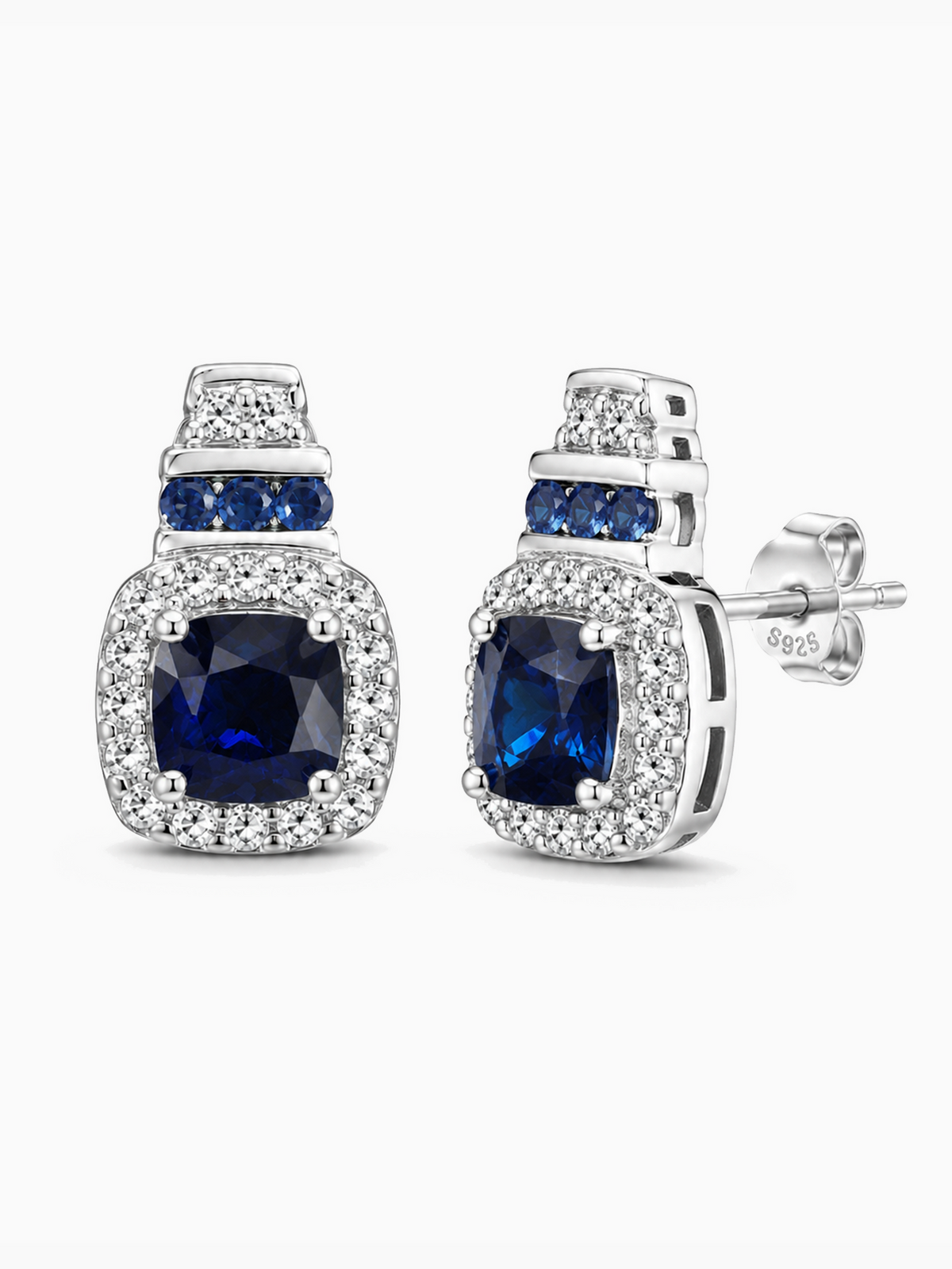 Sapphire Blue Cushion Cut Halo Stud Earrings