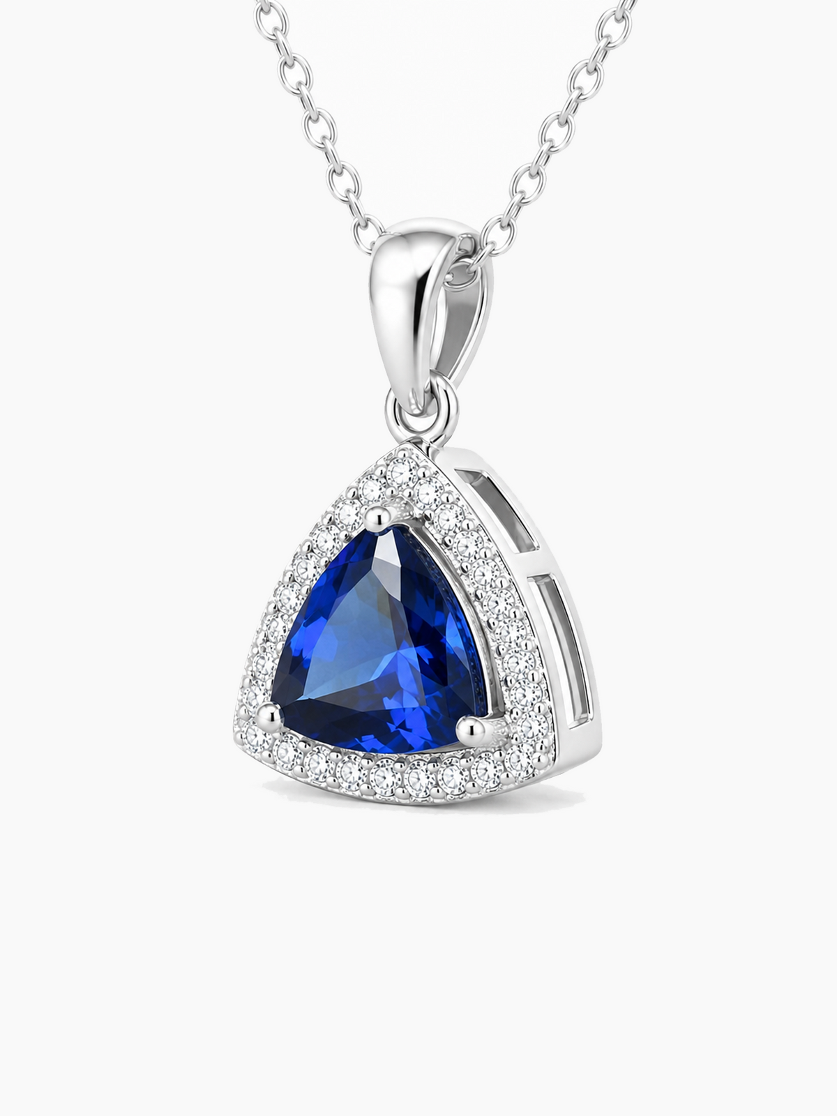 Sapphire Blue Trillion Cut Halo Pendant Necklace
