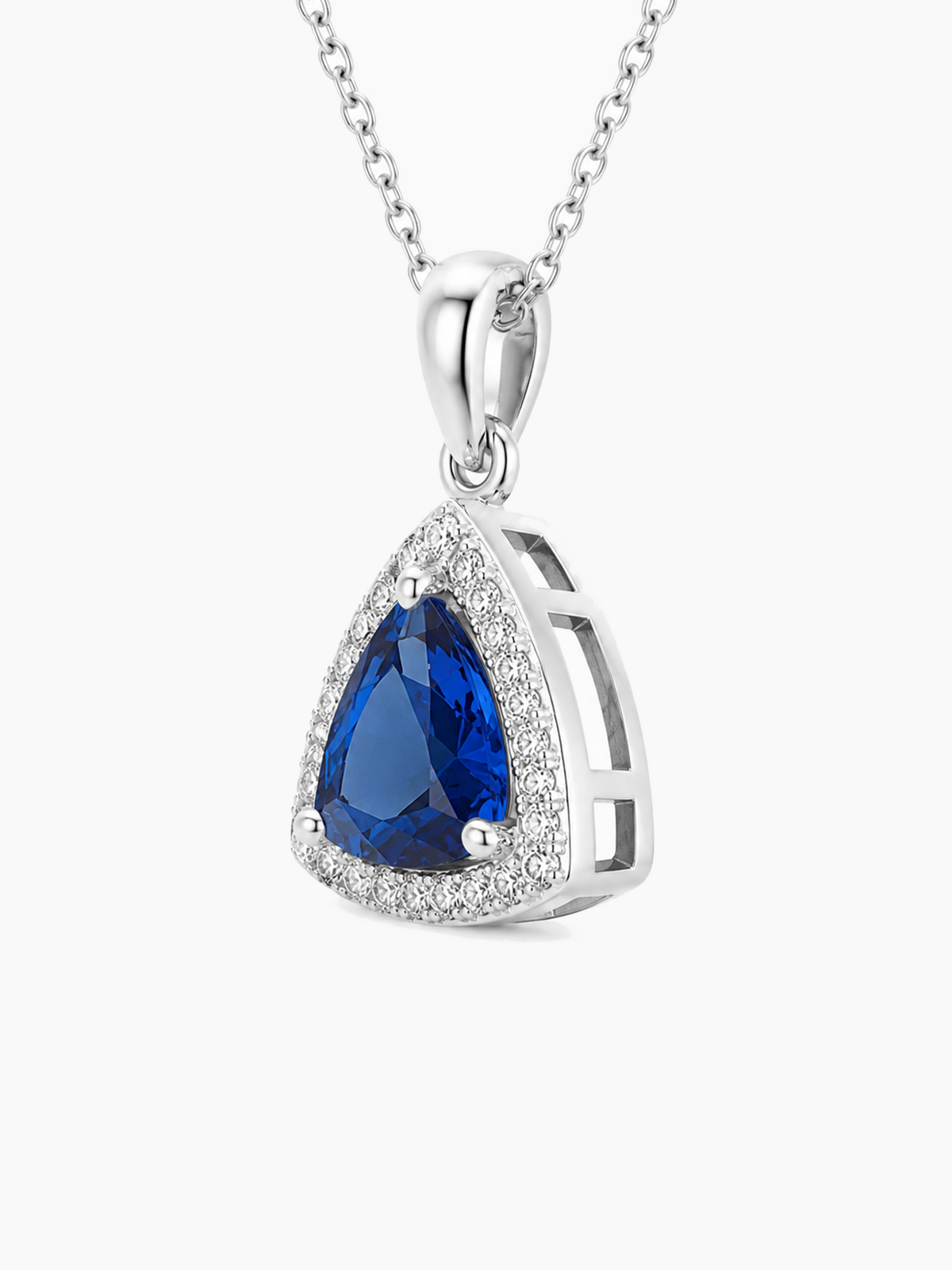 Sapphire Blue Trillion Cut Halo Pendant Necklace