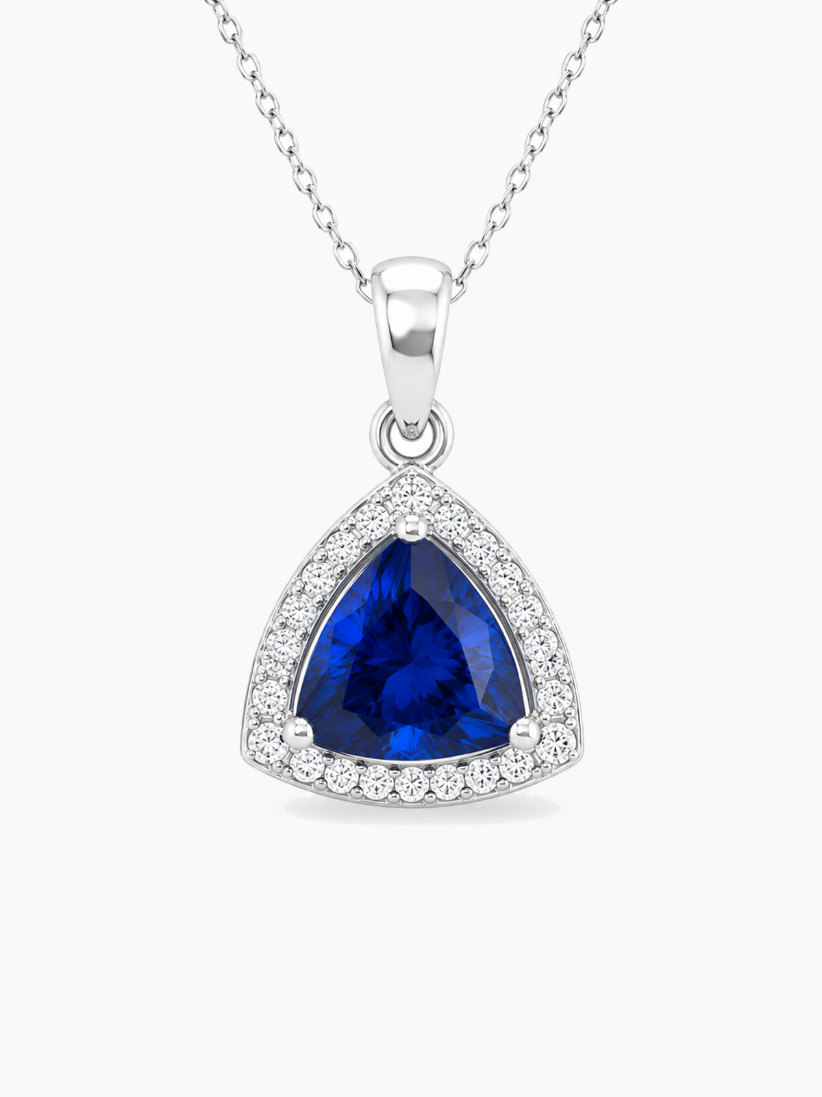 Sapphire Blue Trillion Cut Halo Pendant Necklace