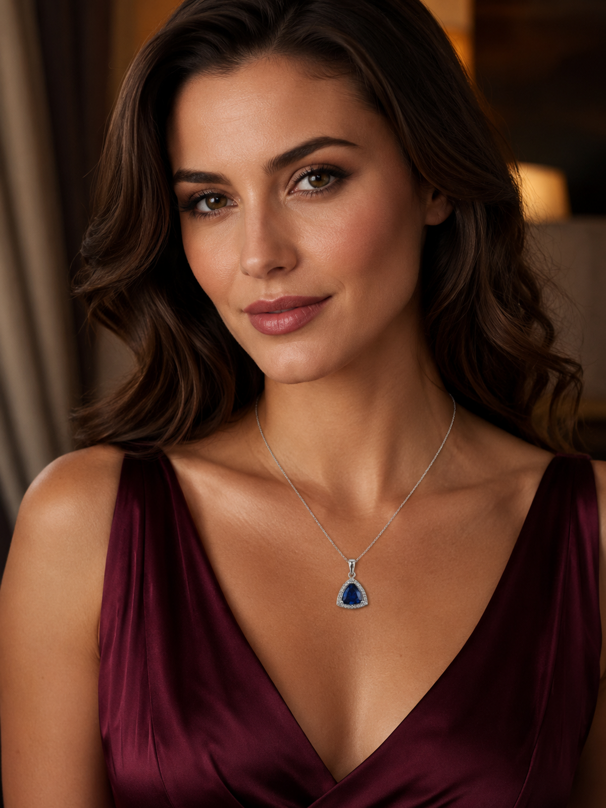 Sapphire Blue Trillion Cut Halo Pendant Necklace