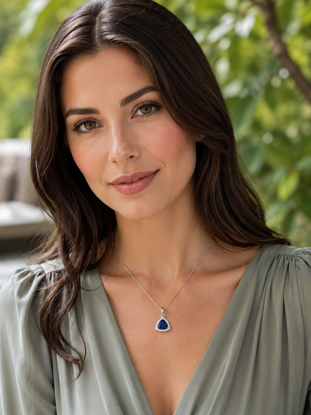 Sapphire Blue Trillion Cut Halo Pendant Necklace