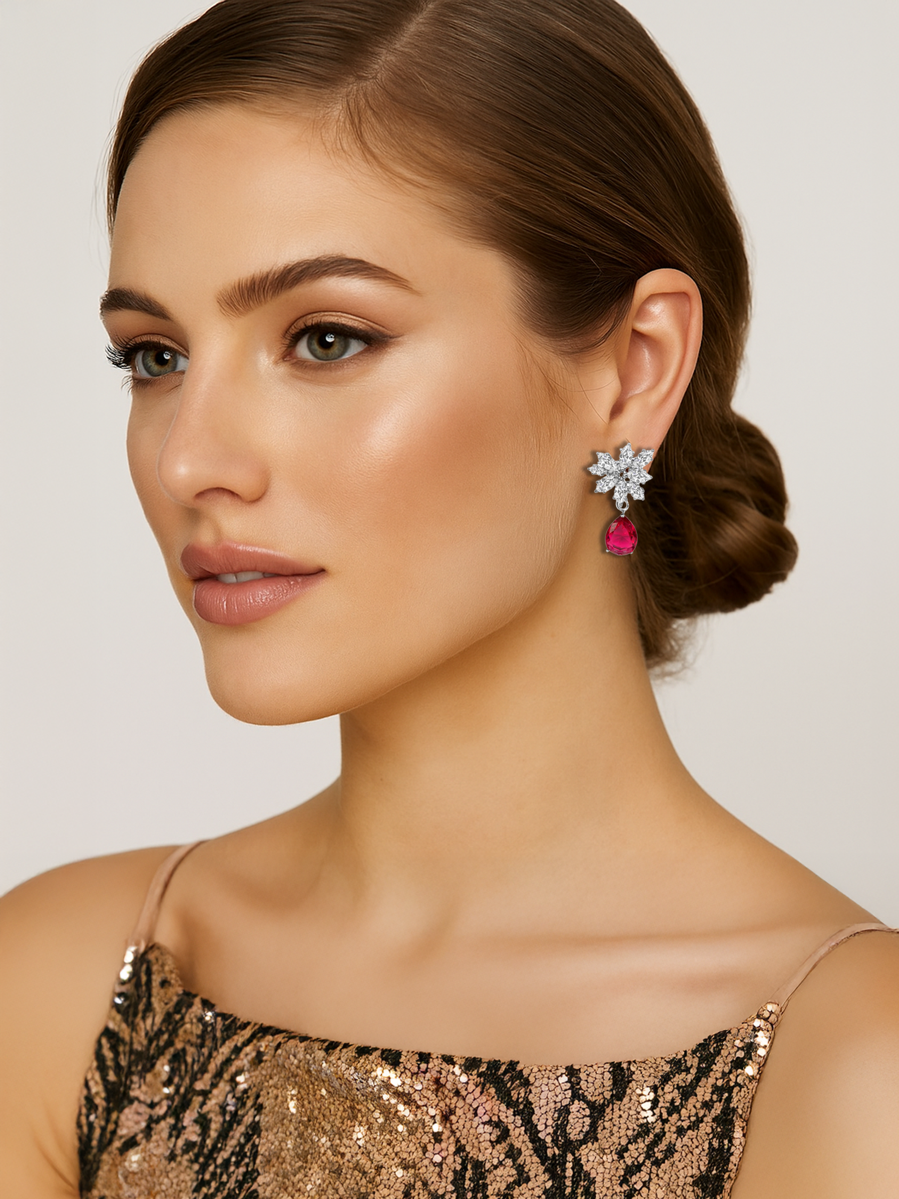 Teardrop Ruby Leaf Drop Earrings