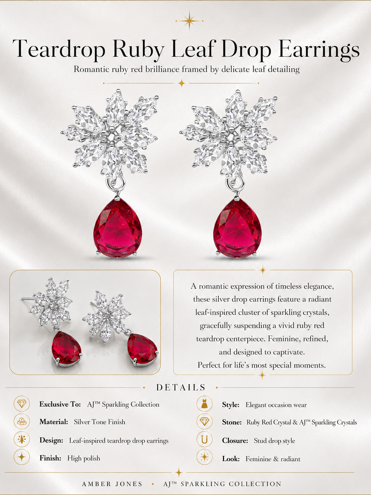 Teardrop Ruby Leaf Drop Earrings