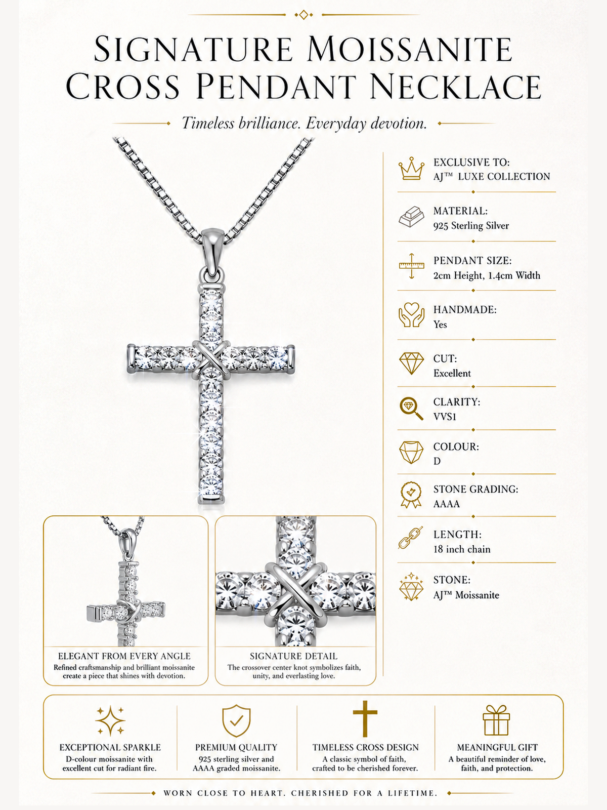Signature Moissanite Cross Pendant Necklace Sterling Silver