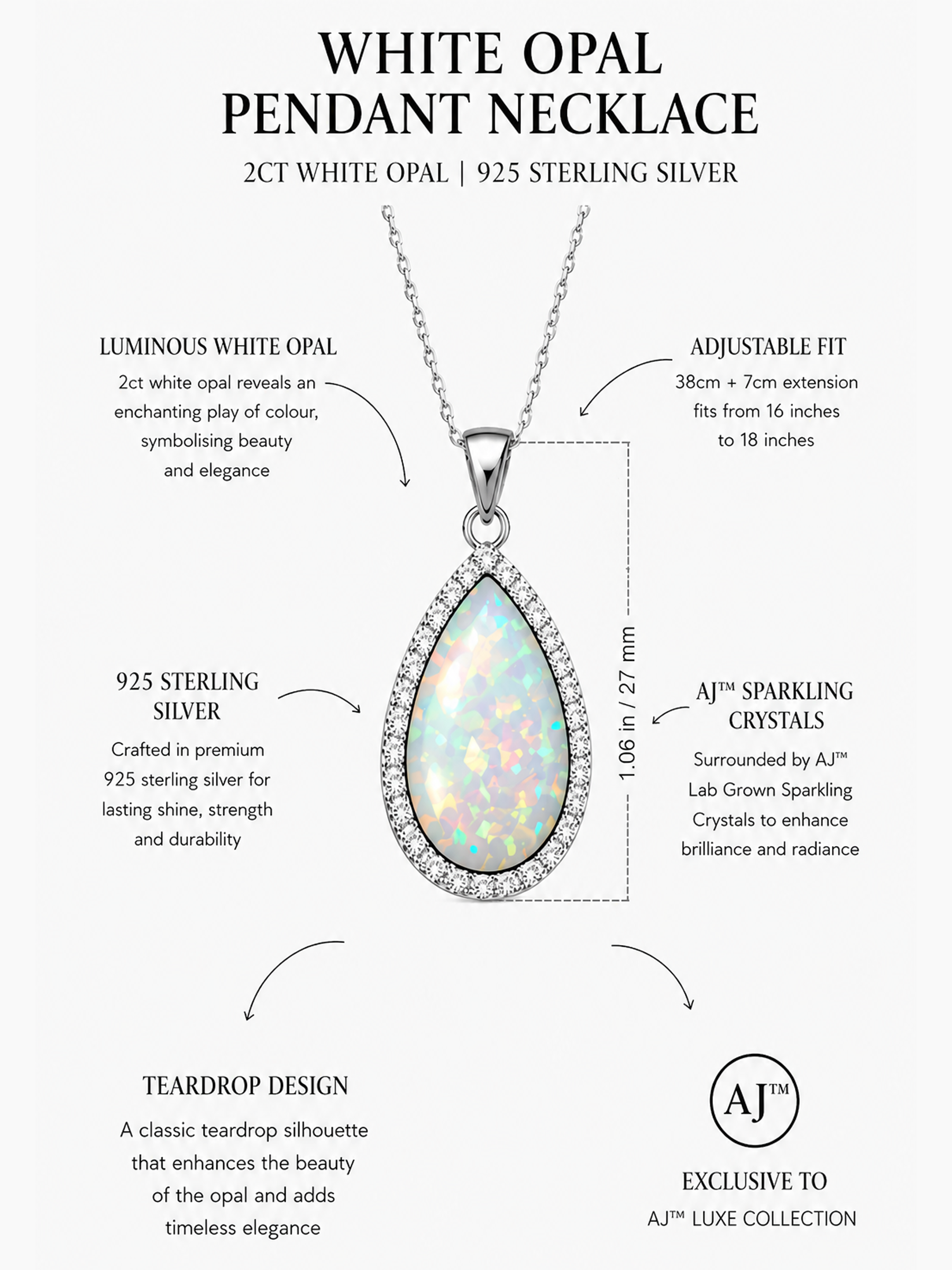 2Ct White Opal Pendant Necklace