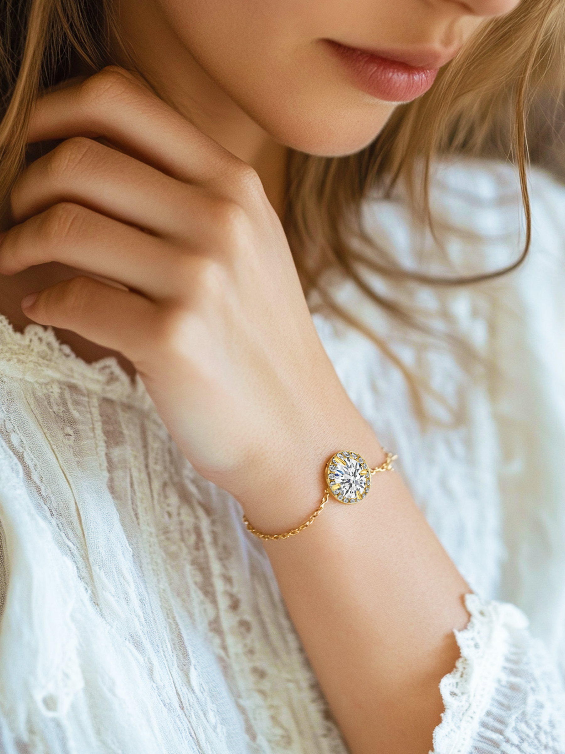 White Sapphire Round Cut Gold Chain Bracelet