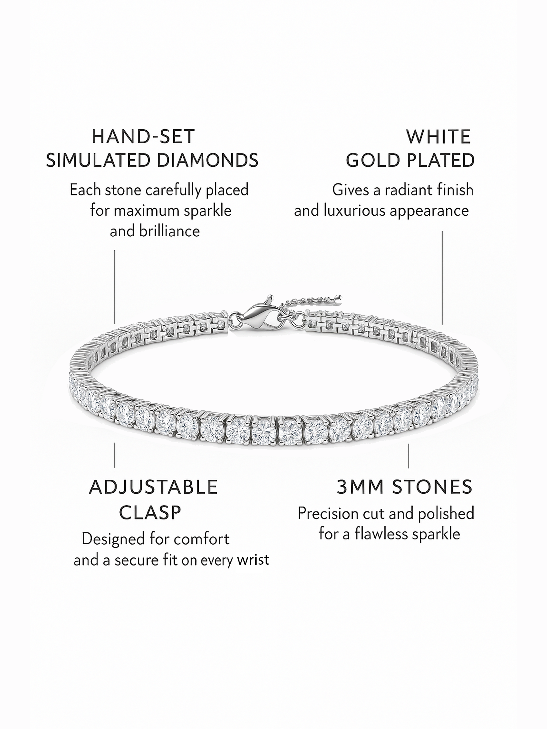 Adjustable Tennis Bracelet 18K White Gold Plated