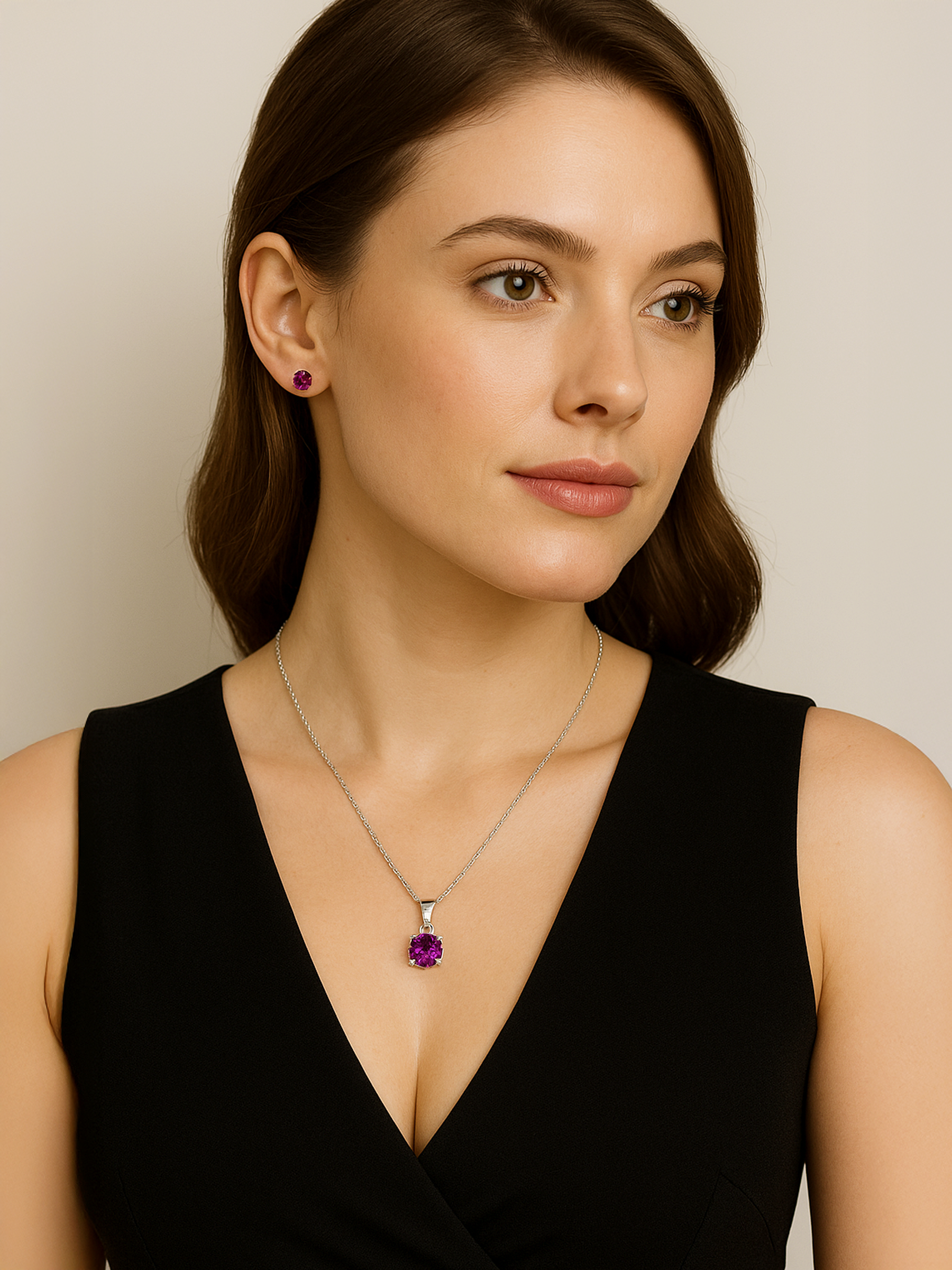 Woman wearing a 1.25ct Lab Grown Amethyst Purple Pendant Necklace