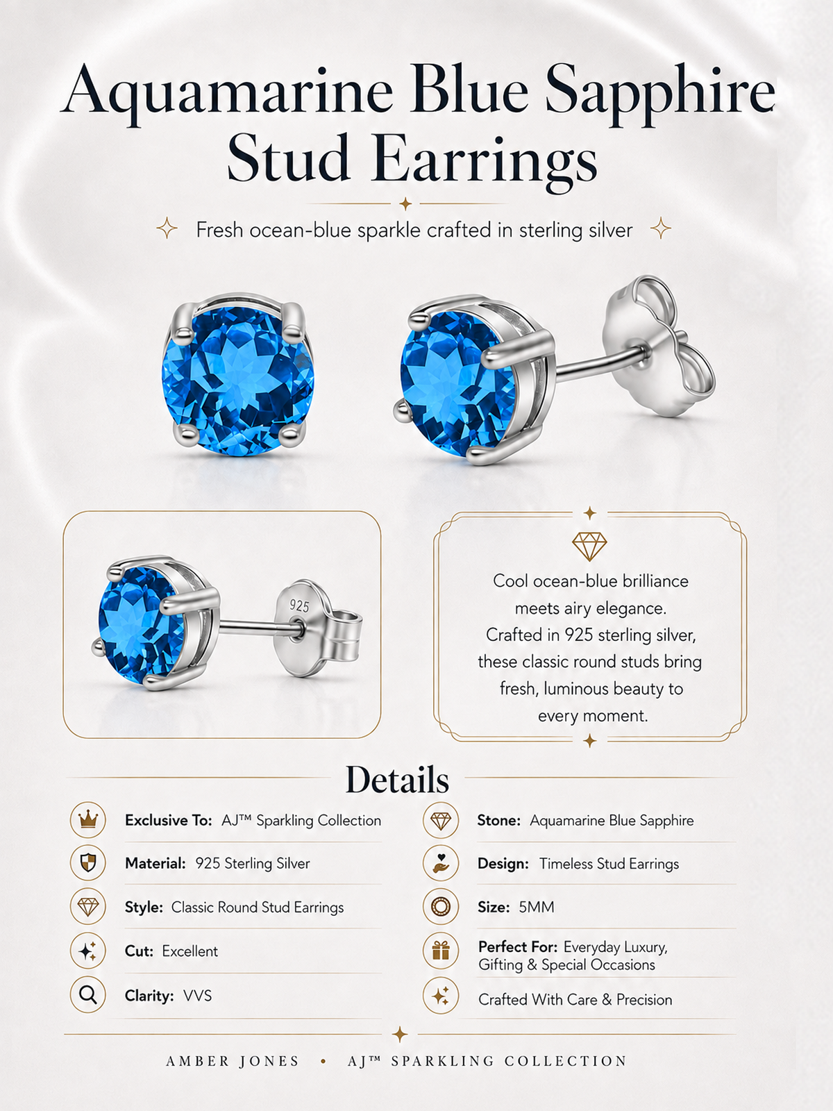 Aquamarine Blue Sapphire Stud Earrings 925 Sterling Silver