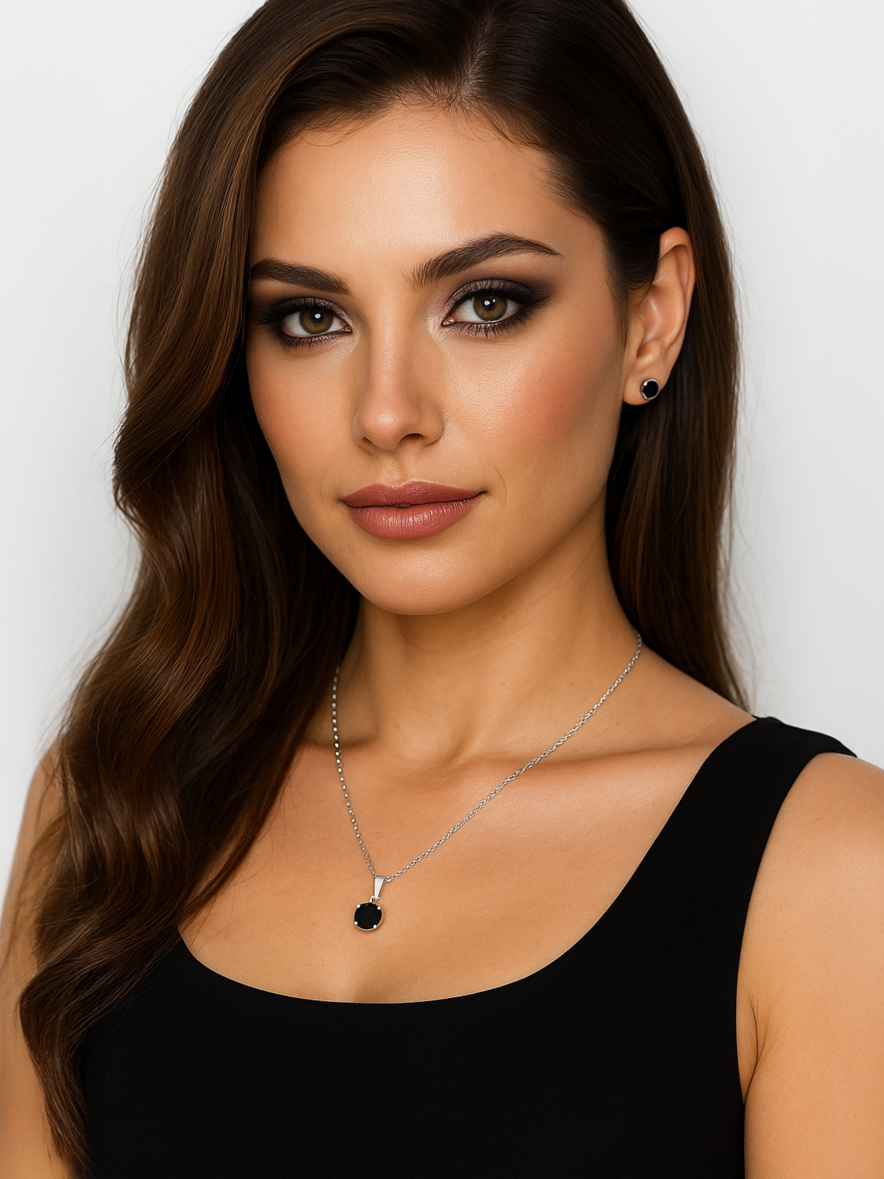 Woman wearing 2ct Lab Grown Black Sapphire Pendant Necklace