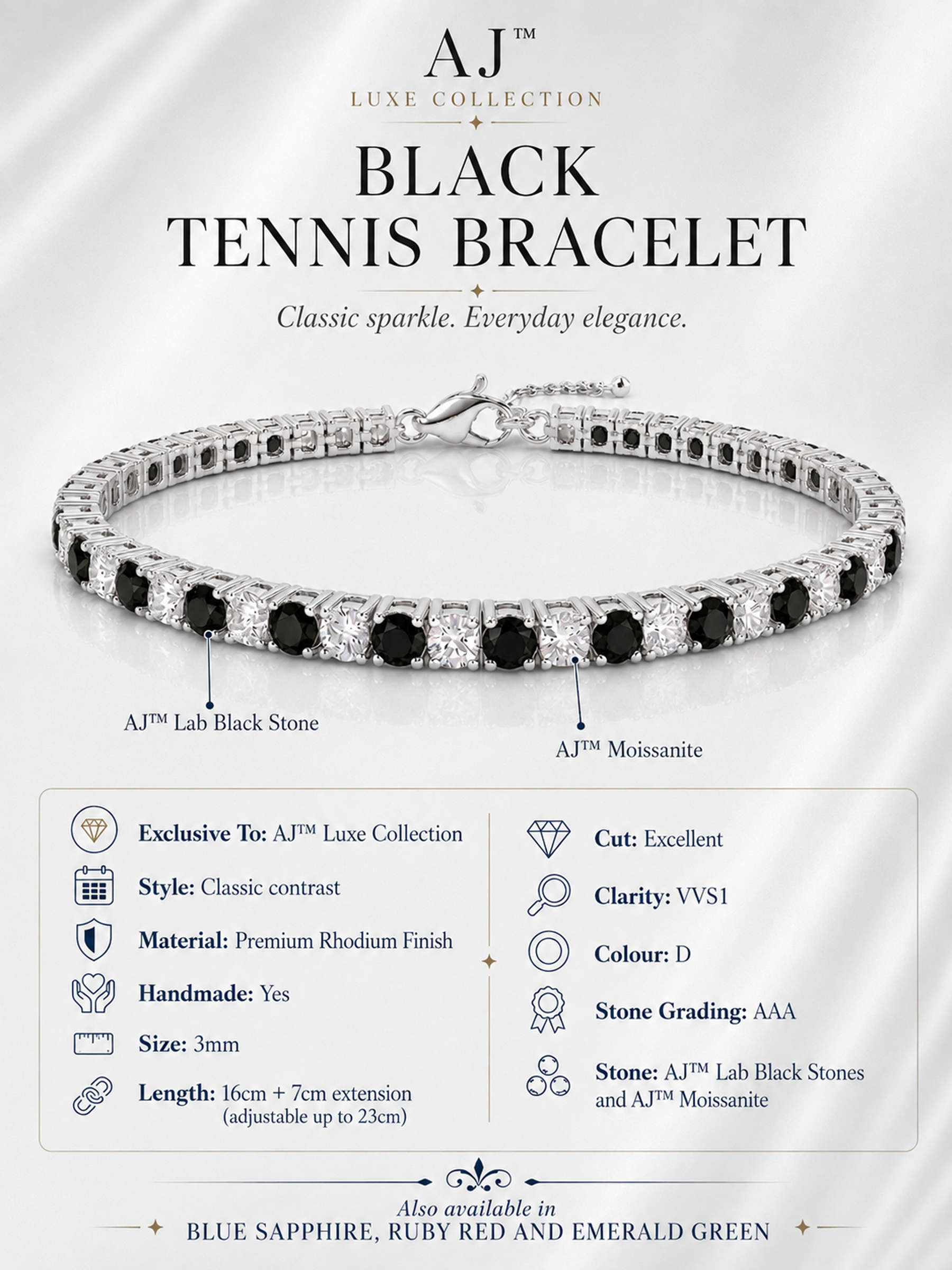 Adjustable Moissanite Black Sapphire Tennis Bracelet