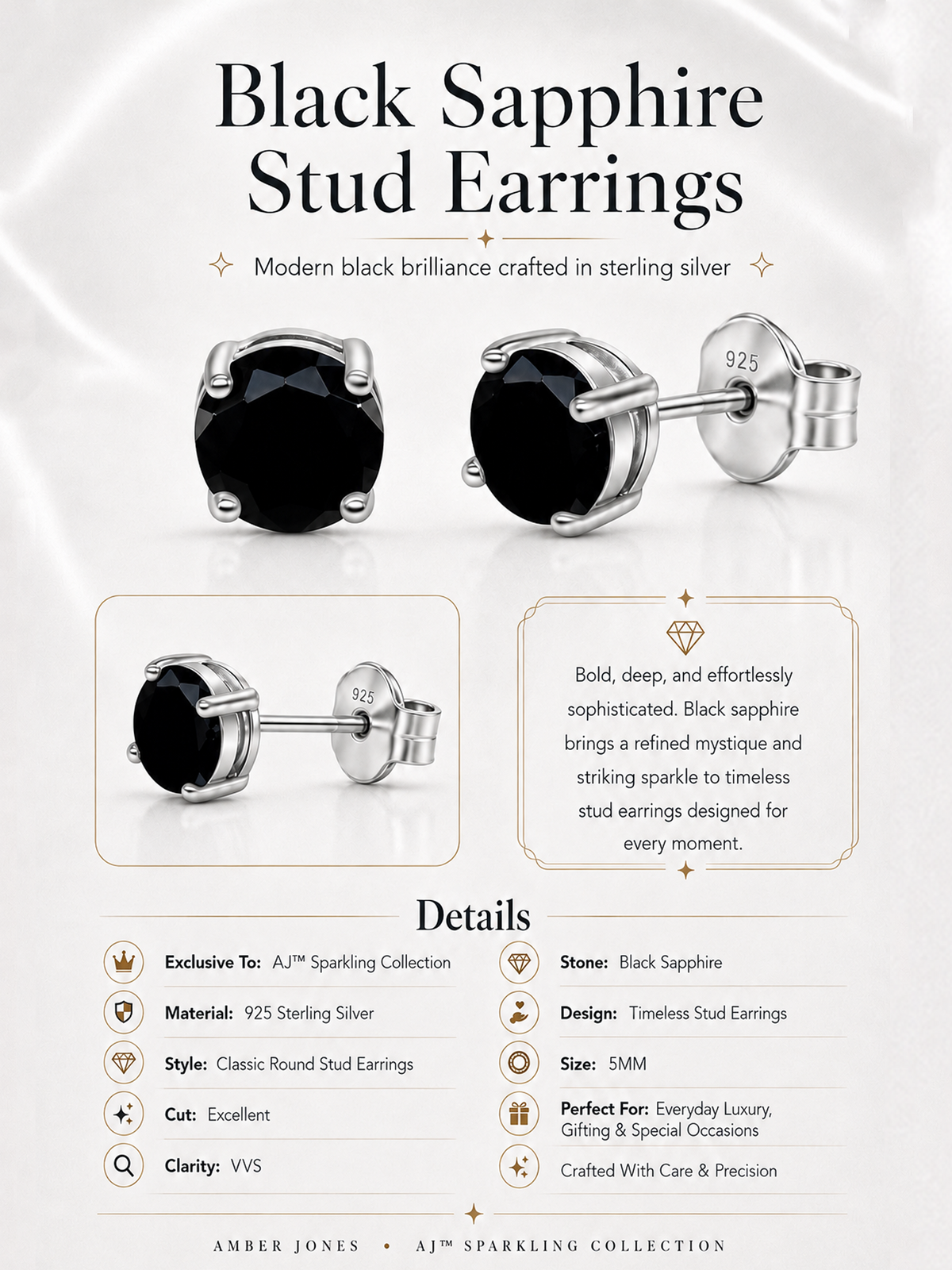 Black Sapphire Stud Earrings 925 Sterling Silver