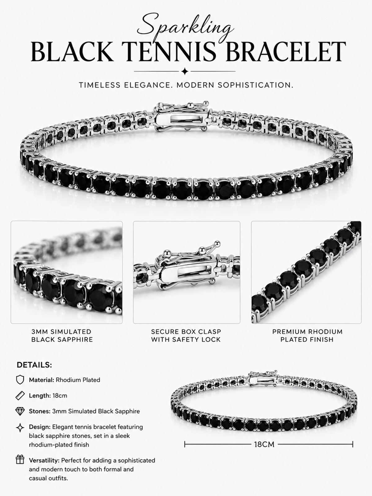 Sparkling Black Tennis Bracelet Rhodium Plated