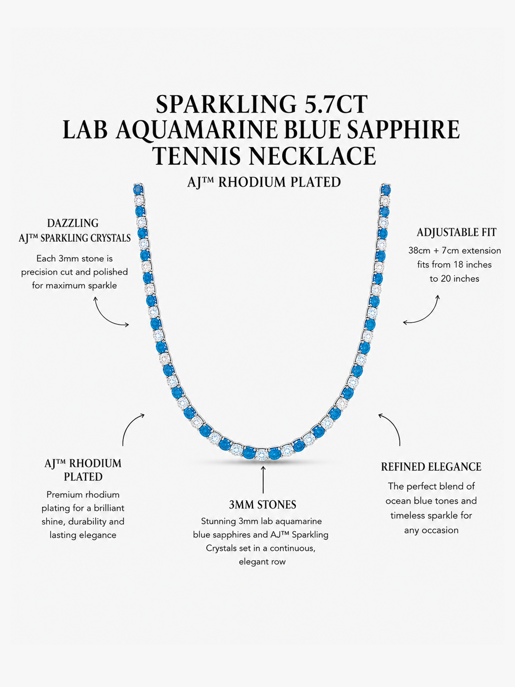 Sparkling 5.7ct Lab Aquamarine Blue Sapphire Tennis Necklace