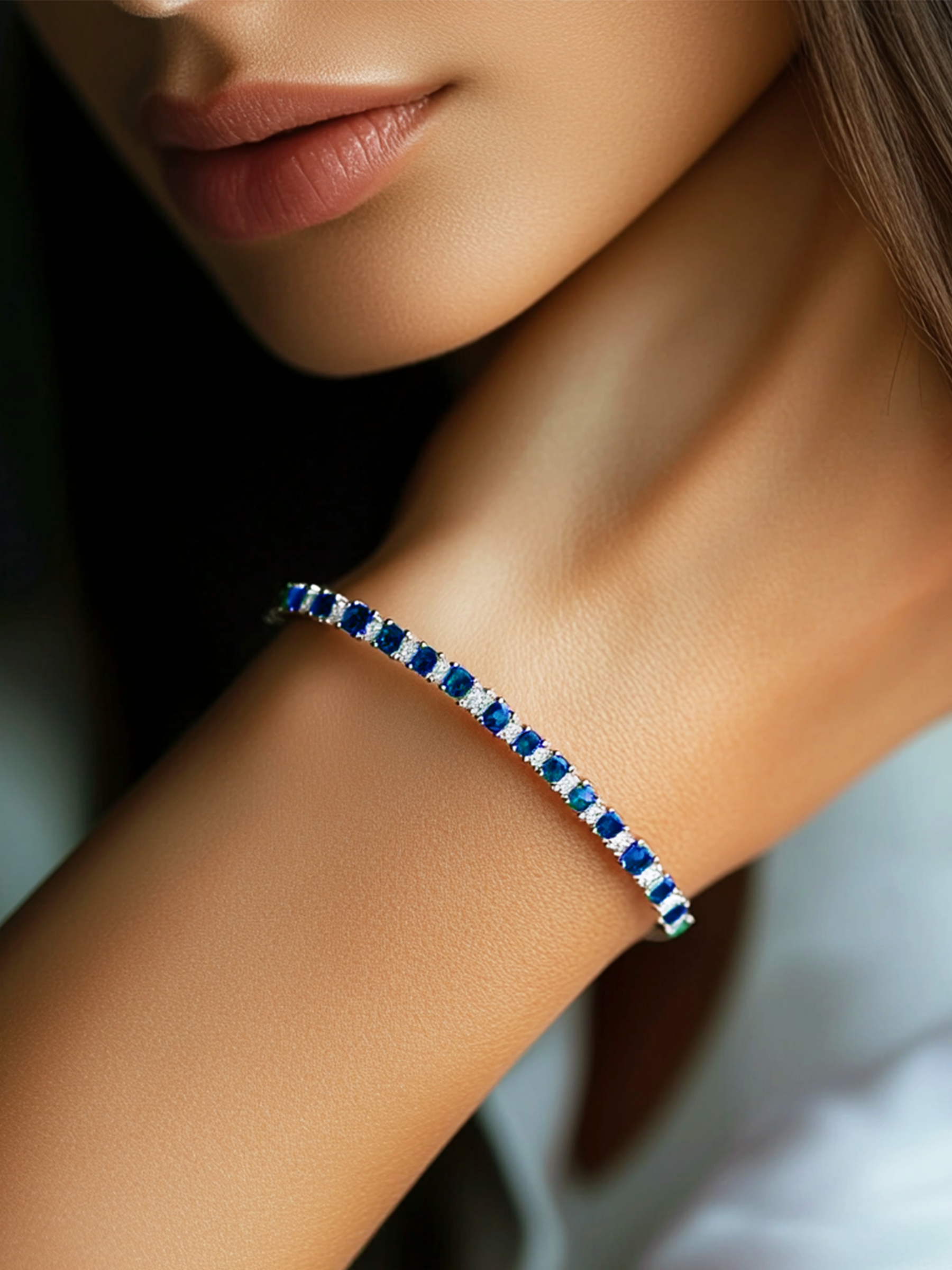 Blue Sapphire Tennis Bracelet Rhodium Plated