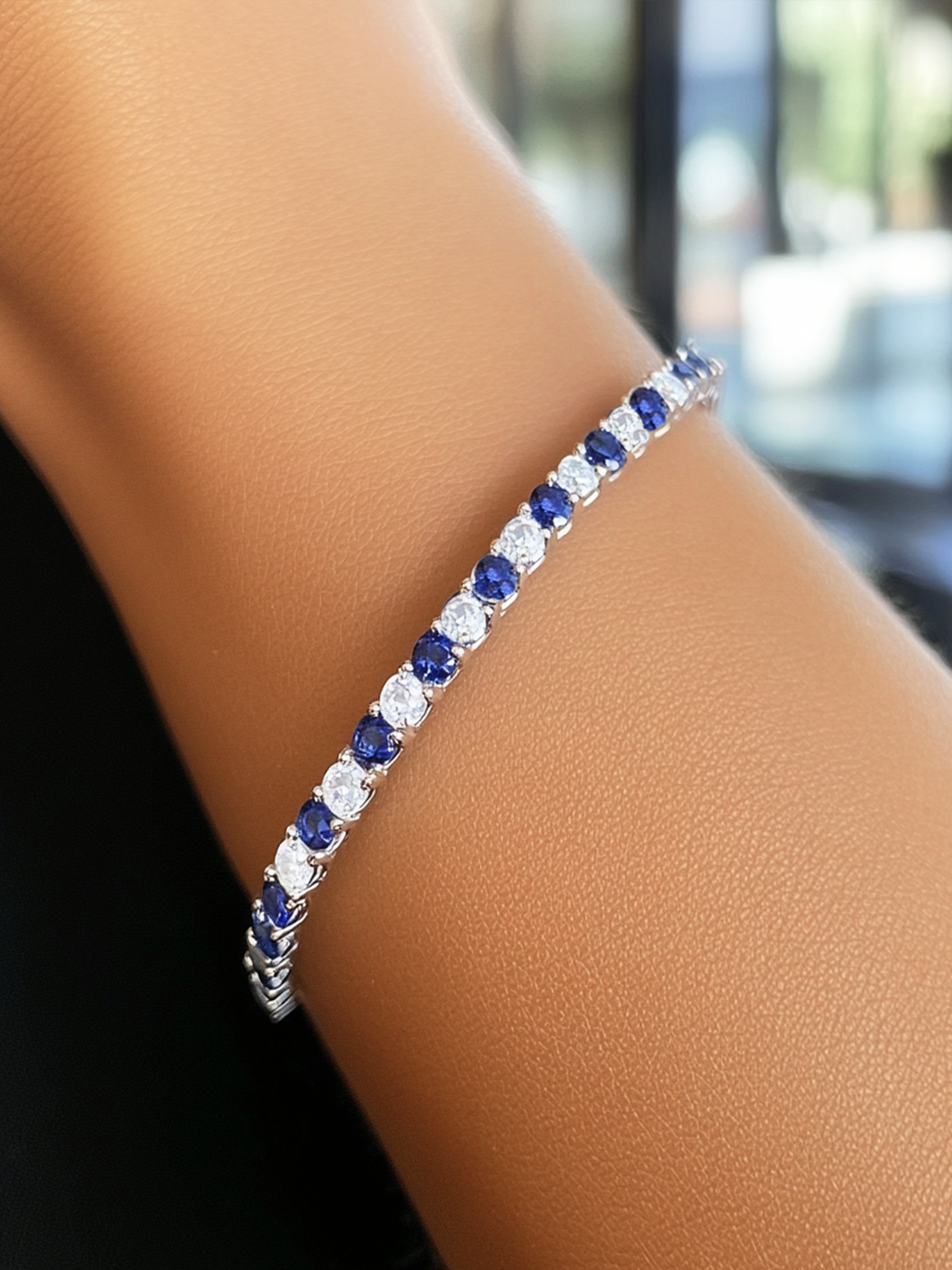 Blue Sapphire Tennis Bracelet Rhodium Plated